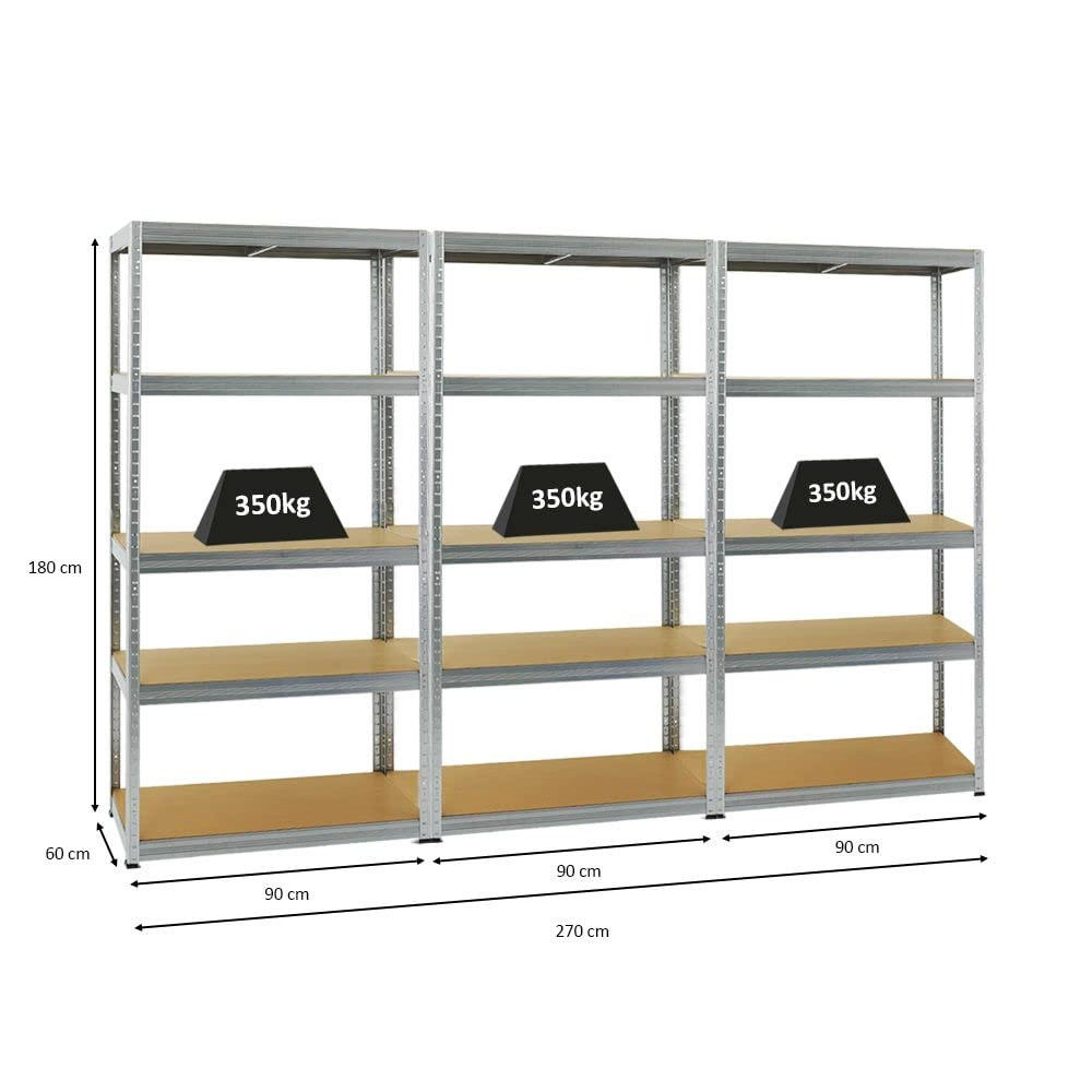 SCHWERLASTREGAL Slim Elephant M 3er-Set mit 3x 180x90x60 cm 5 Ebenen Fachlast 350 kg Verzinkt - Silberfarben, Metall (270/180/60cm) - PROREGAL