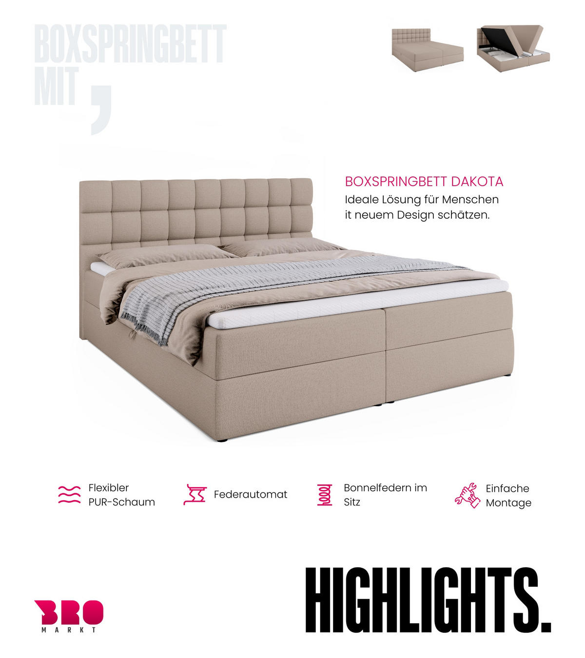 BOXBETT Dakota mit Topper 180/200 Beige - Beige, Textil (180/200cm) - Bromarkt