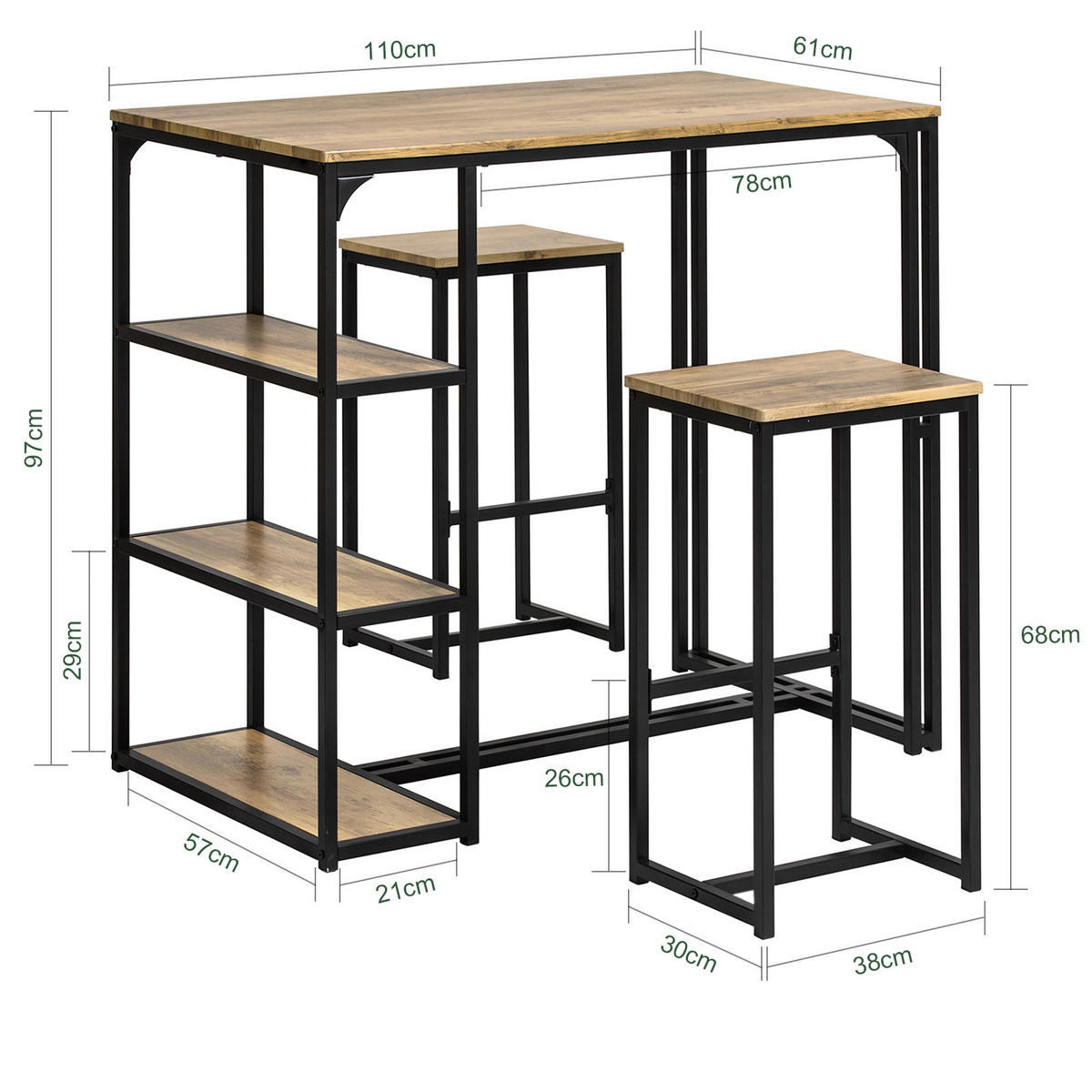 BARTISCH + 2 x BARSTÜHLE - Braun, Holzwerkstoff/Metall (110/97/61cm) - SoBuy