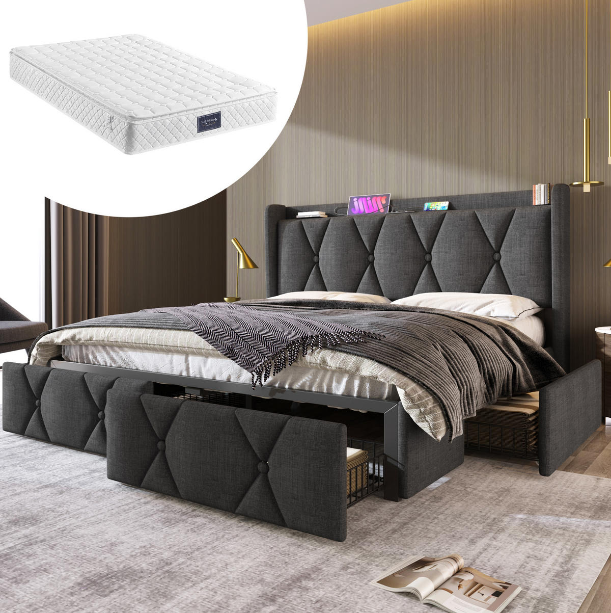 POLSTERBETT 140/200 cm mit USB, Steckdosen und 4 Schubladen inkl. Matratze und Lattenrost, Grau - Grau, Textil (140/200cm) - Redom