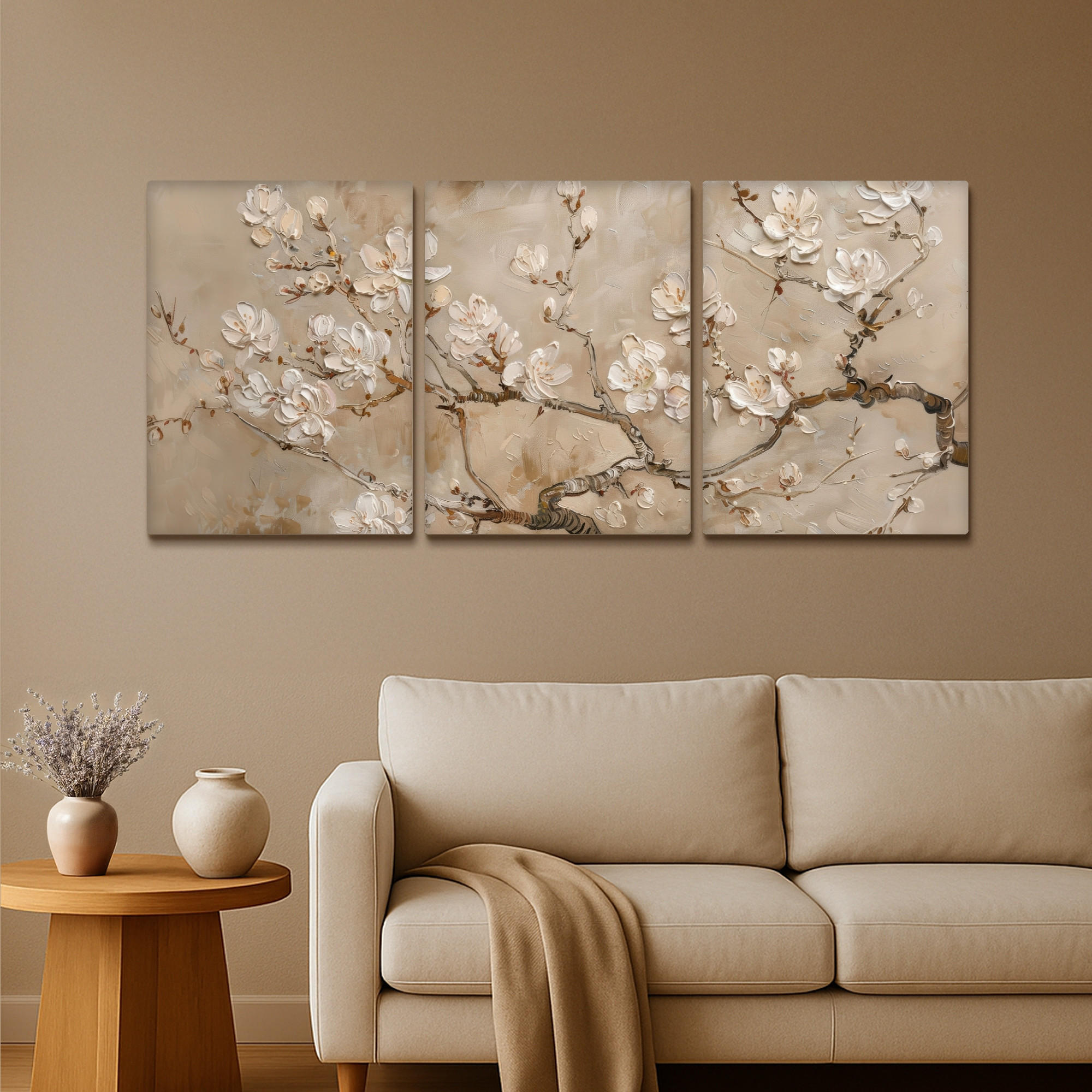 LEINWANDBILD 3er Set Beige - Blüte - Modern 180x80 cm - Greige, Textil (180/80cm) - MuchoWow