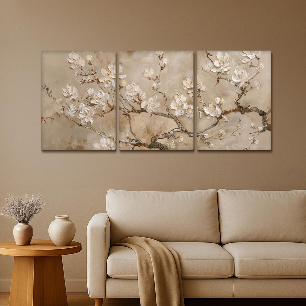 LEINWANDBILD 3er Set Beige - Blüte - Modern 180x80 cm - Greige, Textil (180/80cm) - MuchoWow