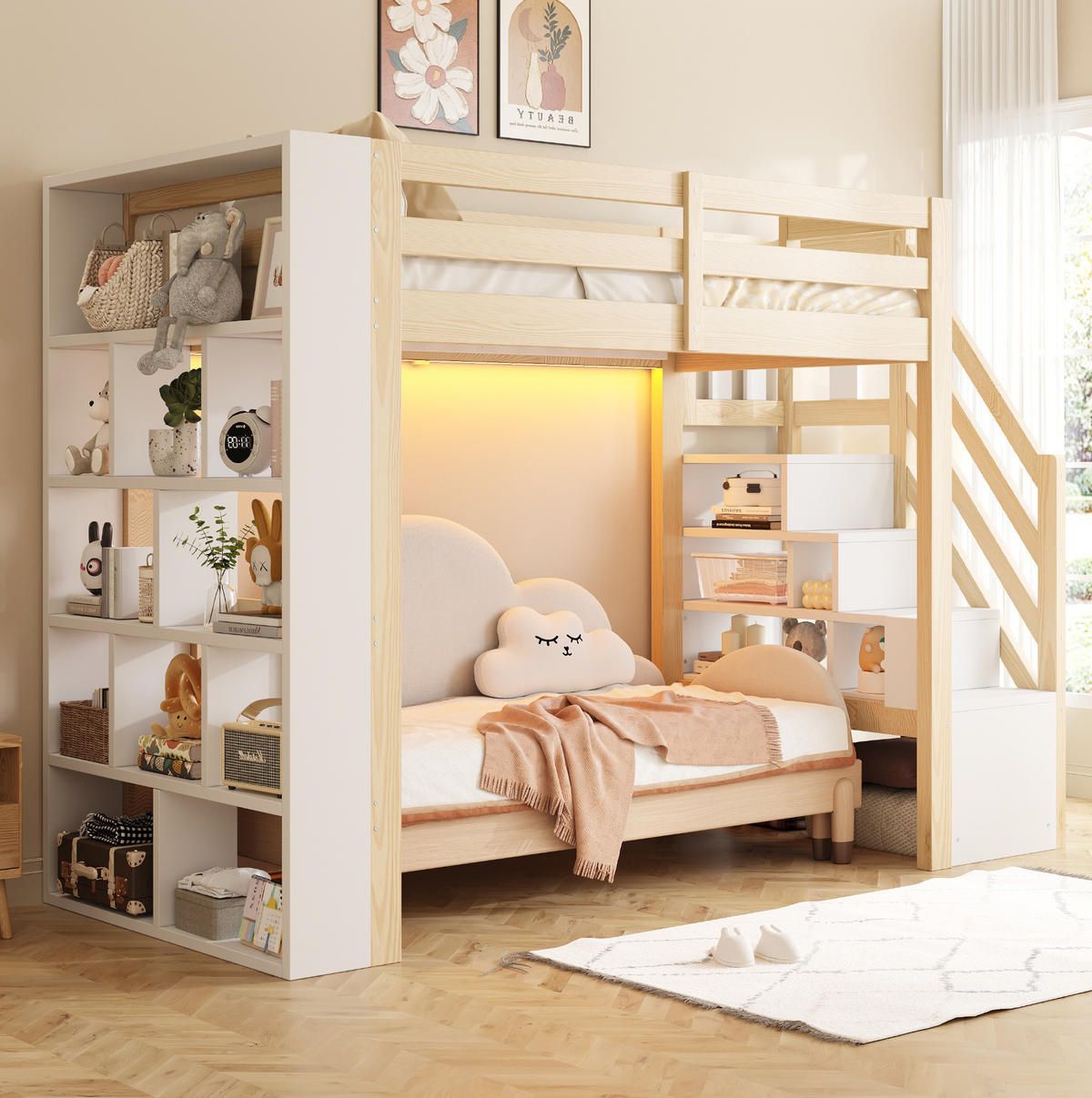 HOCHBETT aus Kiefernholz 90x200 cm Natur/Weiß mit Stauraumtreppe, Regalfächern und LED-Beleuchtung - Weiß, Holz (90/200cm) - Modfu