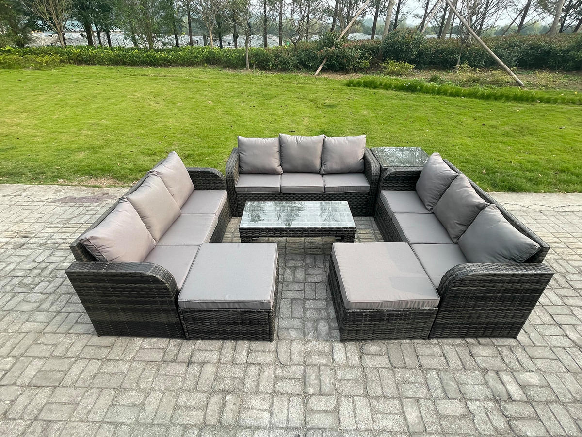 GARTENSOFA SET mit rechteckigem COUCHTISCH Polyrattan 11-Sitzer Dunkelgrau - Dunkelgrau/Grau, Glas/Kunststoff - Fimous