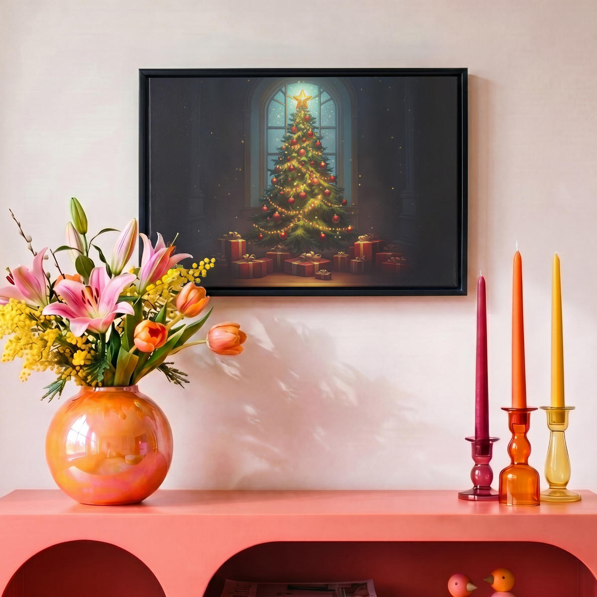 LEINWAND Bilder mit Rahmen - Weihnachtsbaum - Geschenk - Winter - 30x20 - Grün, Textil (30/20cm) - MuchoWow