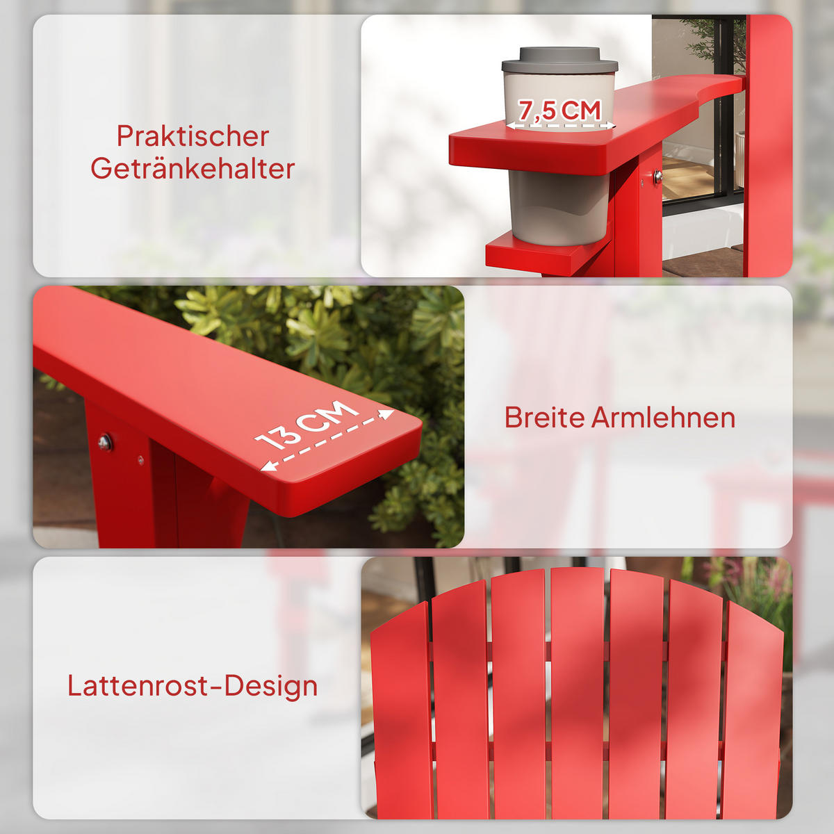 GARTENSTUHL, mit Becherhalter, Gartenliege, Balkonstuhl, Massiv Tannenholz, Rot - Rot, Holz (94/93/72cm) - Outsunny