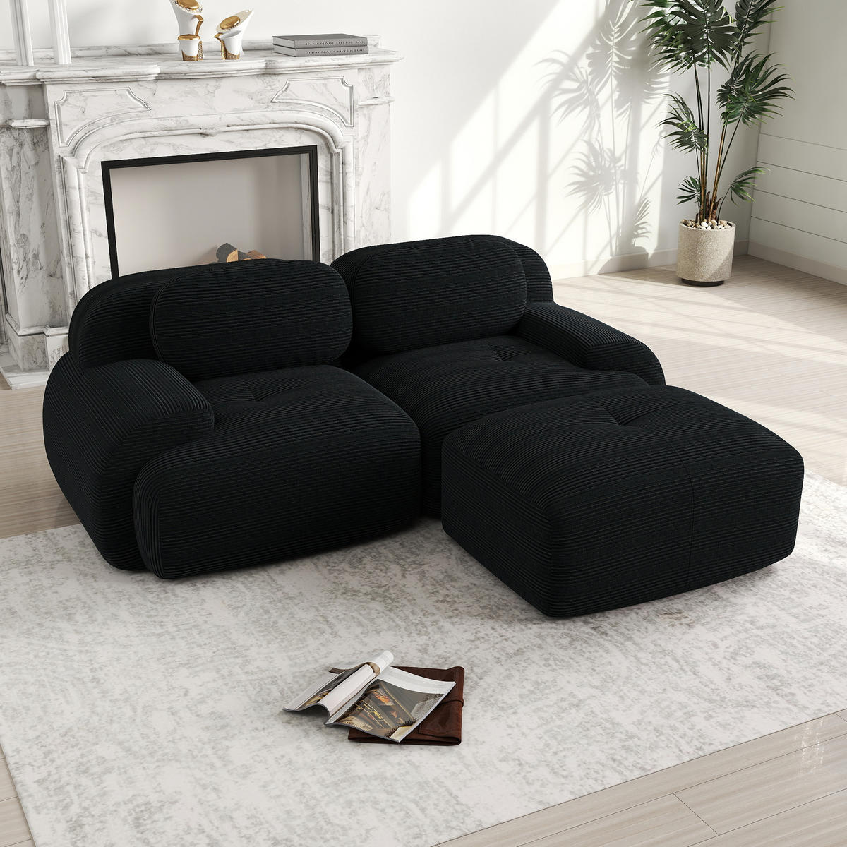 ECKSOFA Cord Schwarz mit Ottomane - Schwarz, Textil (208/178cm) - WISHDOR