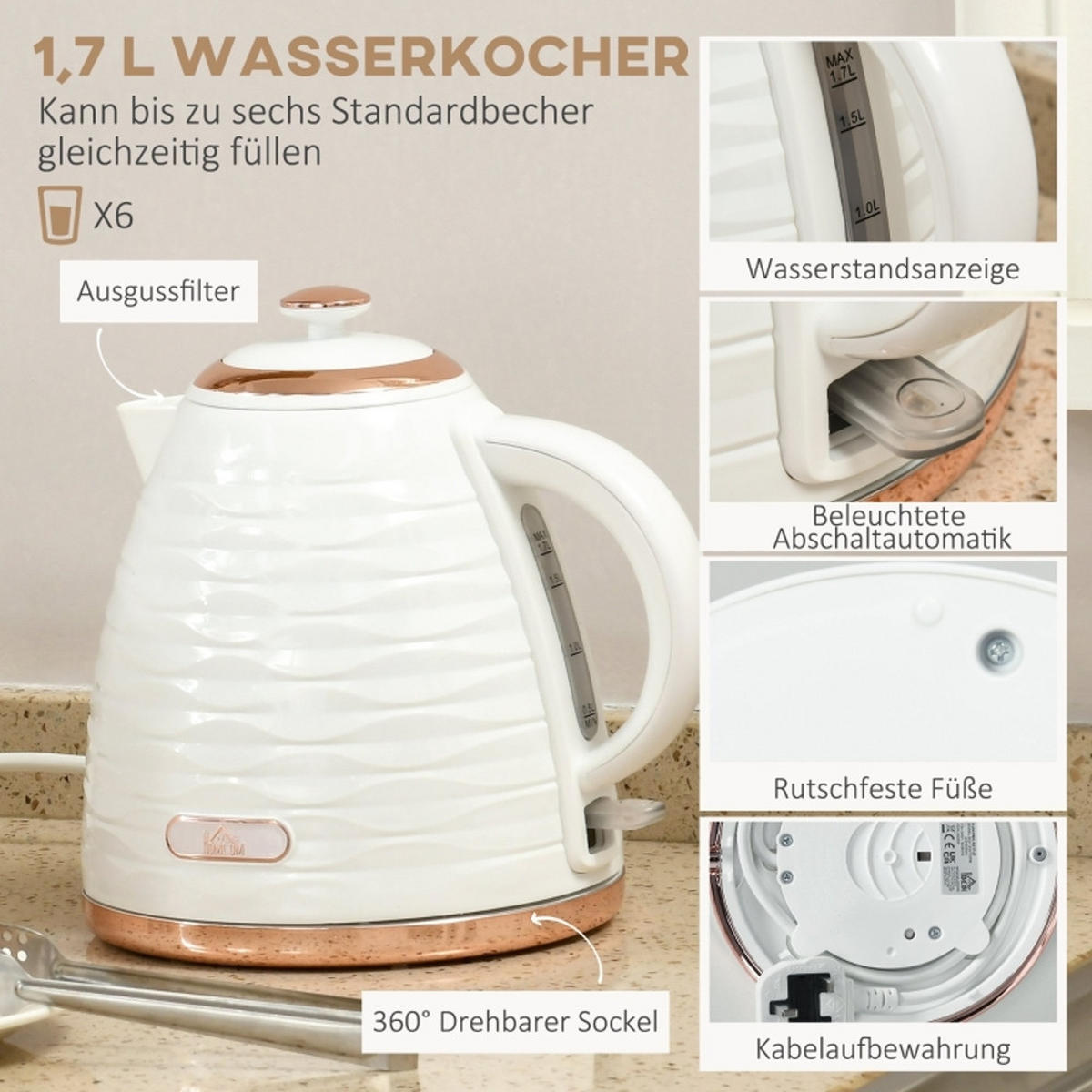 WASSERKOCHER-TOASTER Set, 7 BRÄUNUNGSSTUFEN, Cremeweiß, 1,7L - Creme, Kunststoff (19.5/23.2/24.1cm) - Rolipo
