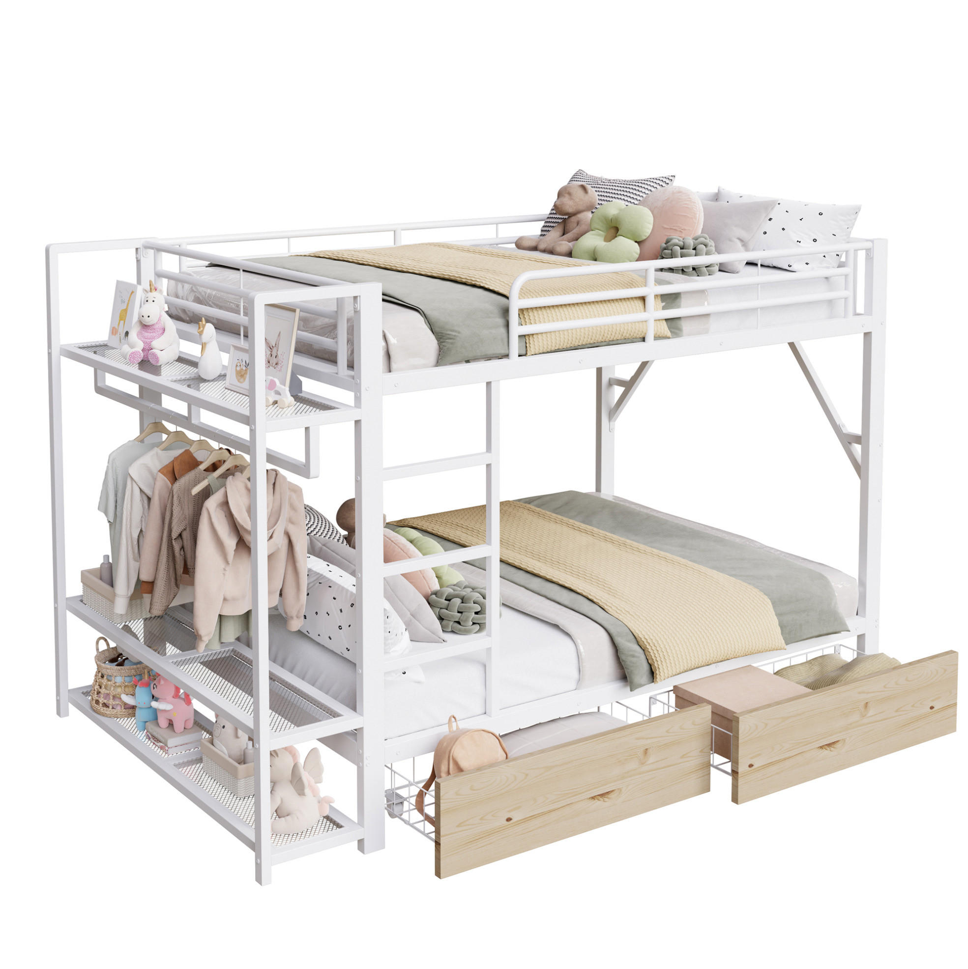 ETAGENBETT 140/200 cm Weiß mit LED, 2 Schubladen, Ablageflächen, ohne Matratze - Weiß, Metall (140/200cm) - MIVRAY