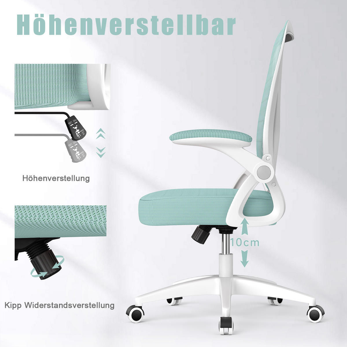 BÜRODREHSTUHL ergonomisch, mittelhohe Rückenlehne, klappbare Armlehnen – Hellgrün - Grün, Metall (50/102/50cm) - Rattantree