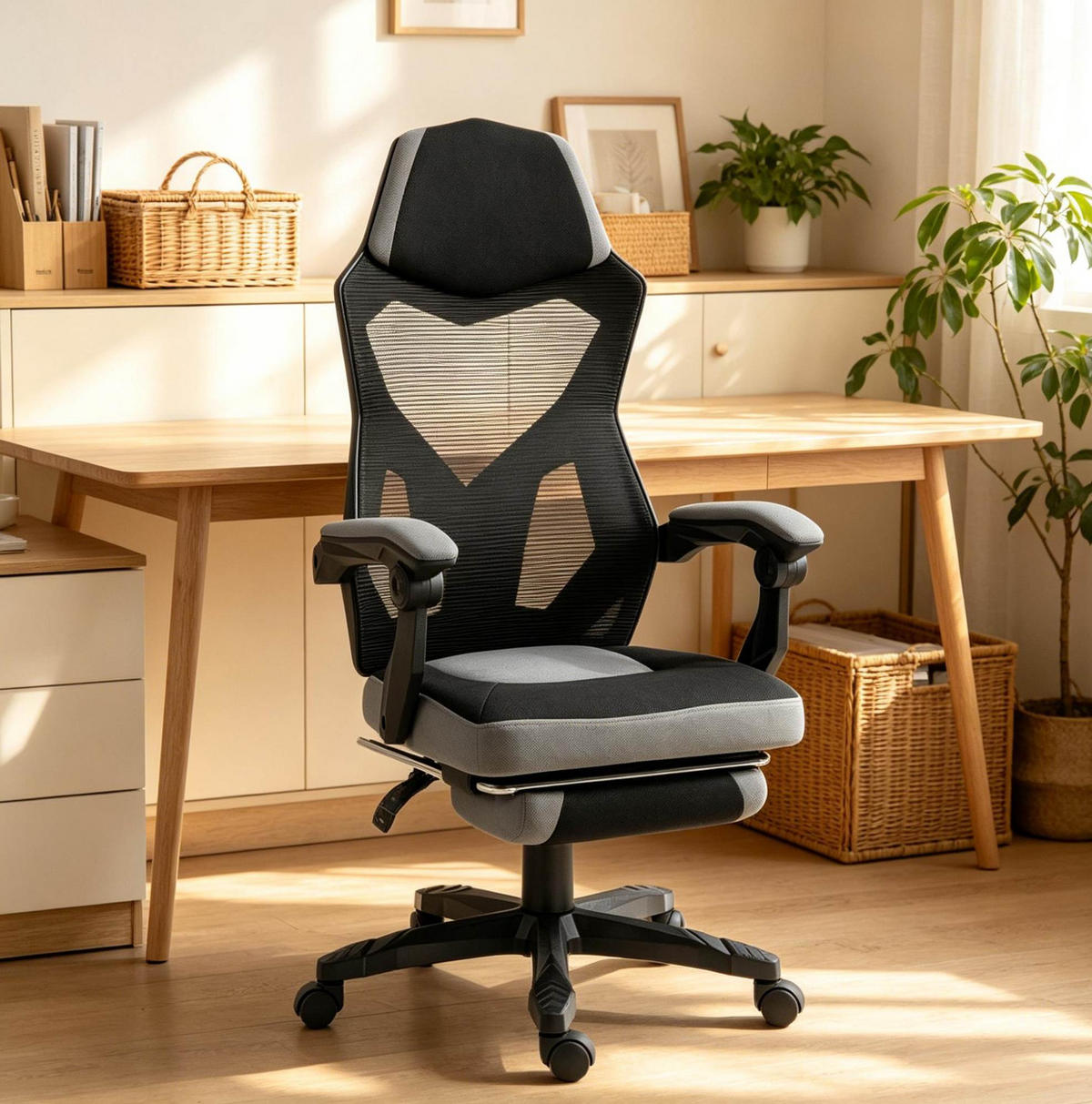 GAMING-BÜROSTUHL in Schwarz-Grau 63x58x122 cm mit verstellbarer Sitzhöhe und klappbarer Fußstütze - Schwarz, Kunststoff (58/122/63cm) - IVMEU