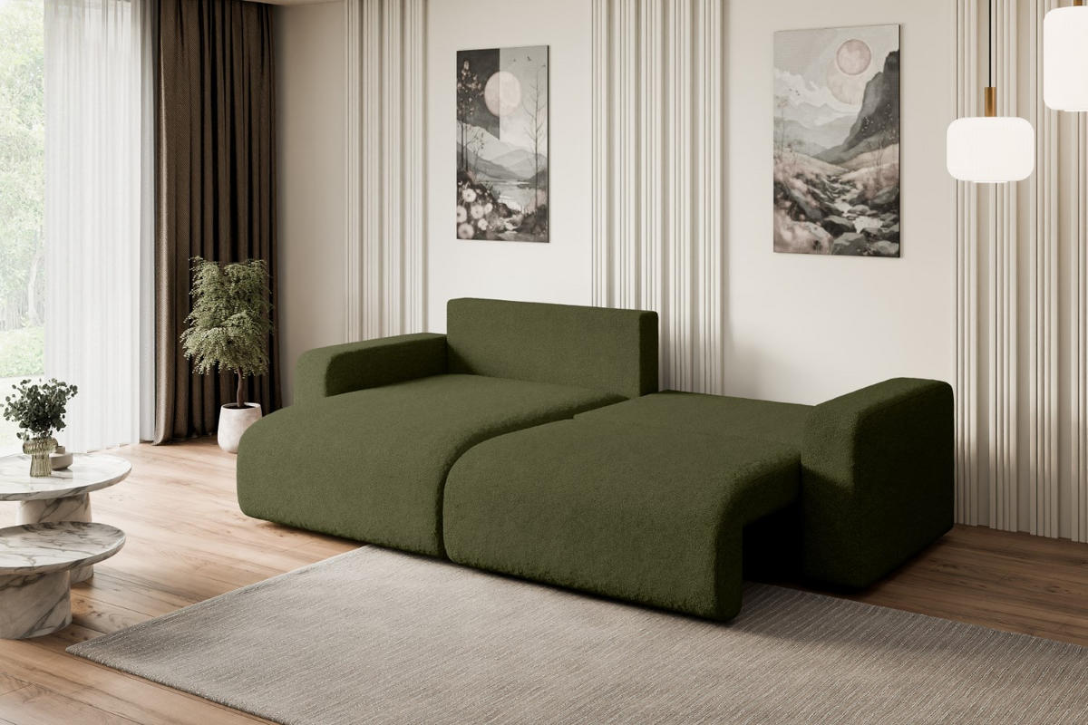 ECKSOFA mit Schlaffunktion und Bettkasten KLEEA-L - 247x143x83 cm Grün Bouclé - Schwarz/Grün, Holzwerkstoff/Kunststoff (247/143cm) - ALTDECOR