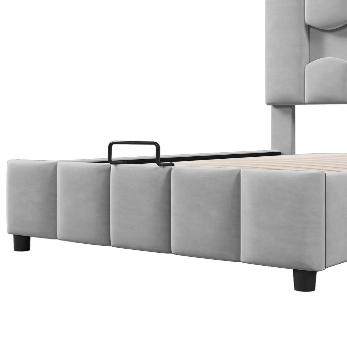 POLSTERBETT aus Samt 90x200 cm Grau mit LED-Beleuchtung, verstellbarem Kopfteil und hydraulischem Bettkasten - Grau, Textil (90/200cm) - Modfu