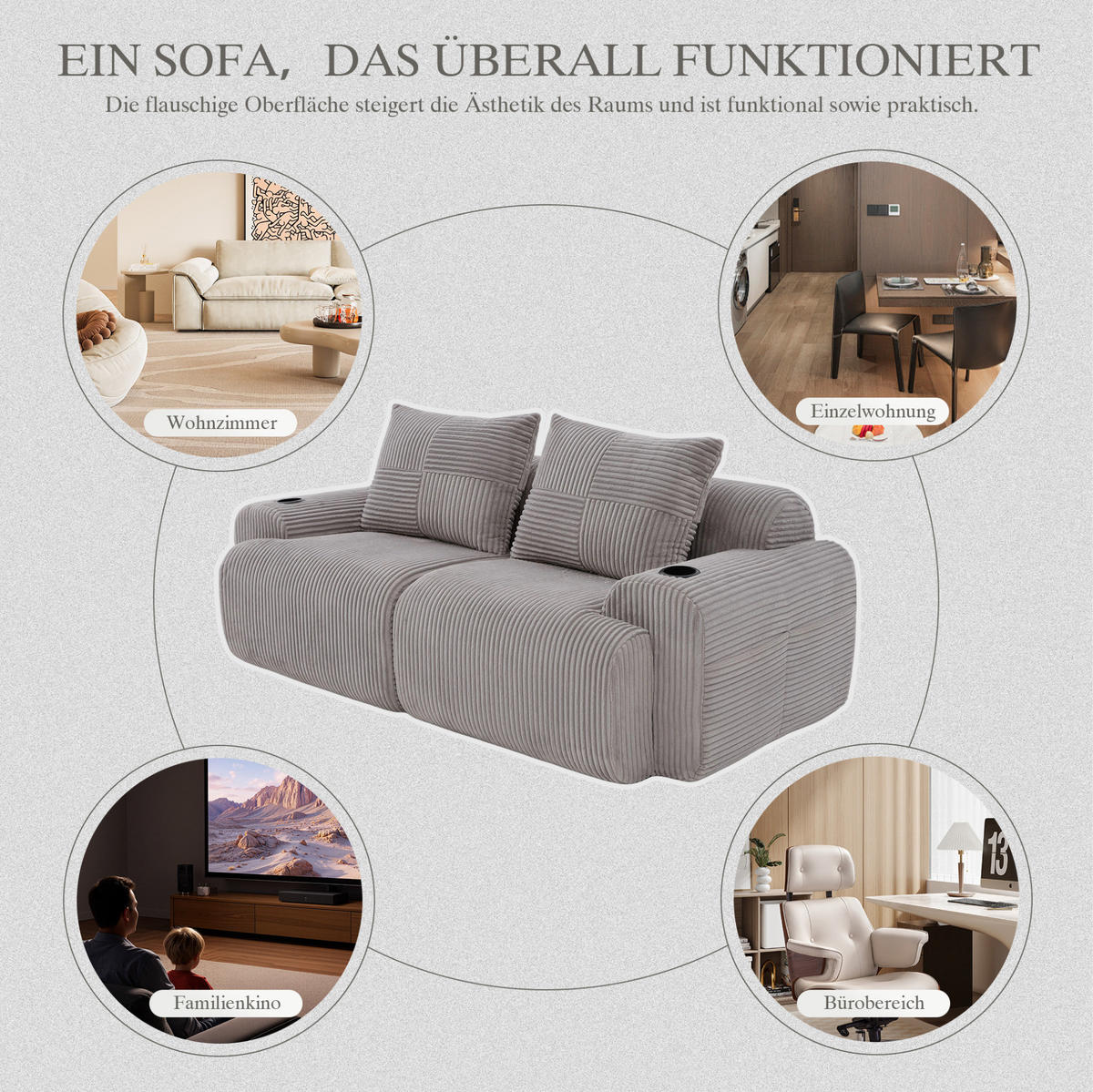 2-SITZER Sofa 200/99/80 cm in Hellgrau mit Cupholder und Seitentasche - Hellgrau, Textil (99/80/200cm) - Flora Grace