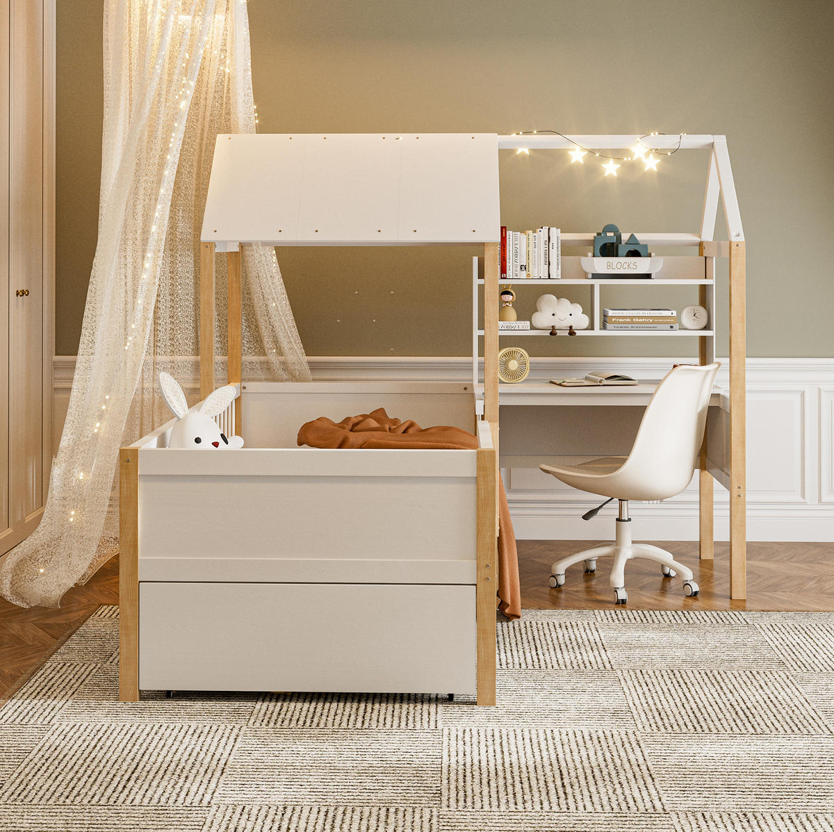 HAUSBETT 90/200 cm weiß mit Rausfallschutz und L-förmigem Schreibtisch - Weiß, Holz (90/200cm) - OKWISH