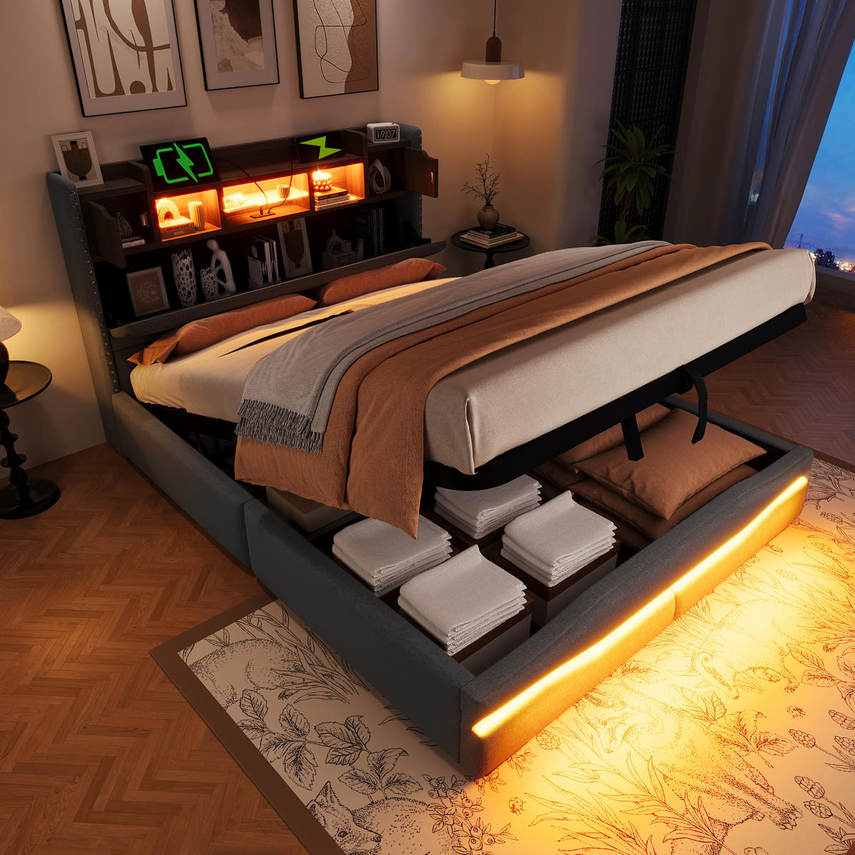 POLSTERBETT 140x200cm Grau USB-C LED-Licht Kopfteil Hydraulik - Grau, Holz (140/200cm) - FLIEKS