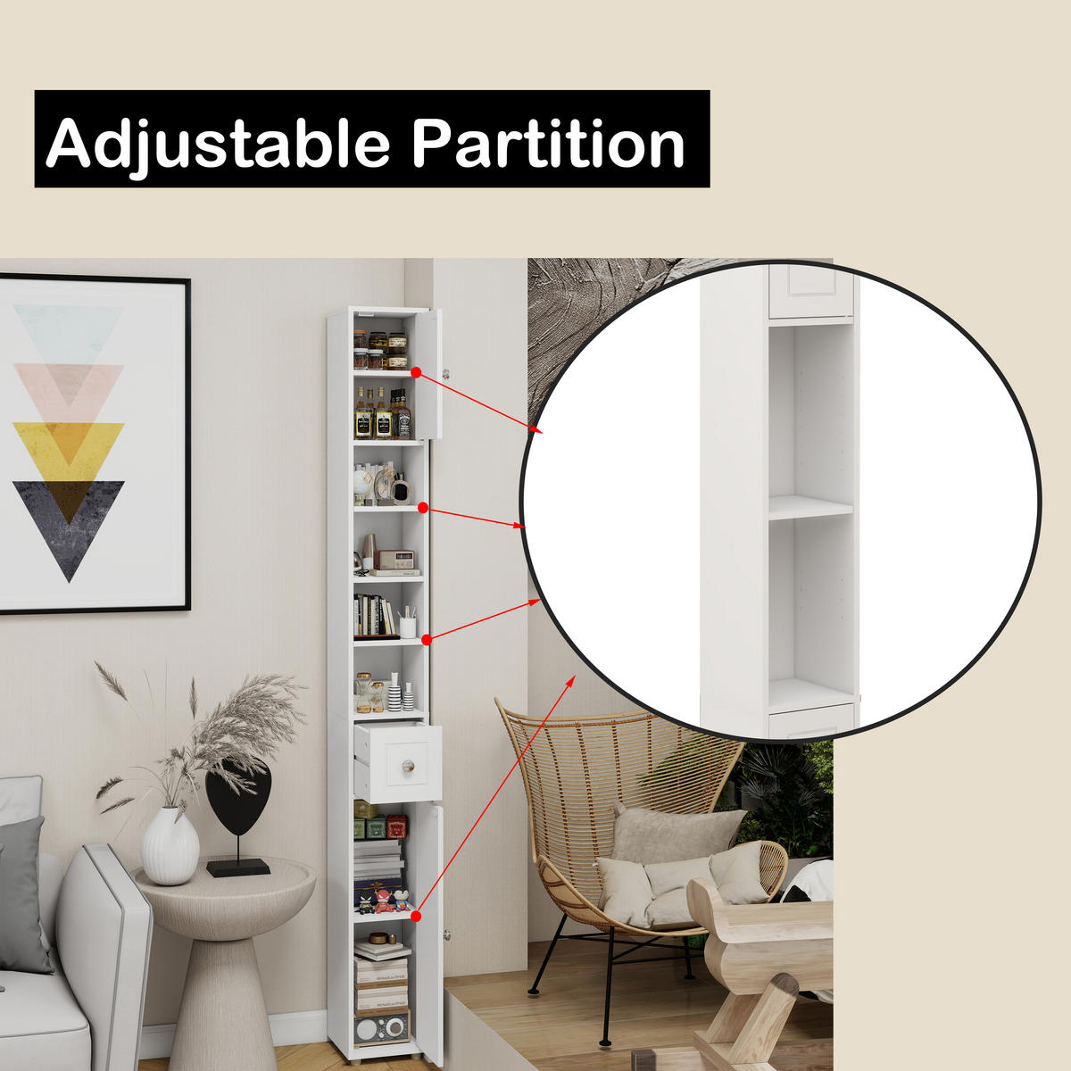 HOCHSCHRANK 20x20x180cm in Weiß mit 2 Türen, 4 Böden & Schublade - Weiß, Holzwerkstoff (20/180/20cm) - Modfu