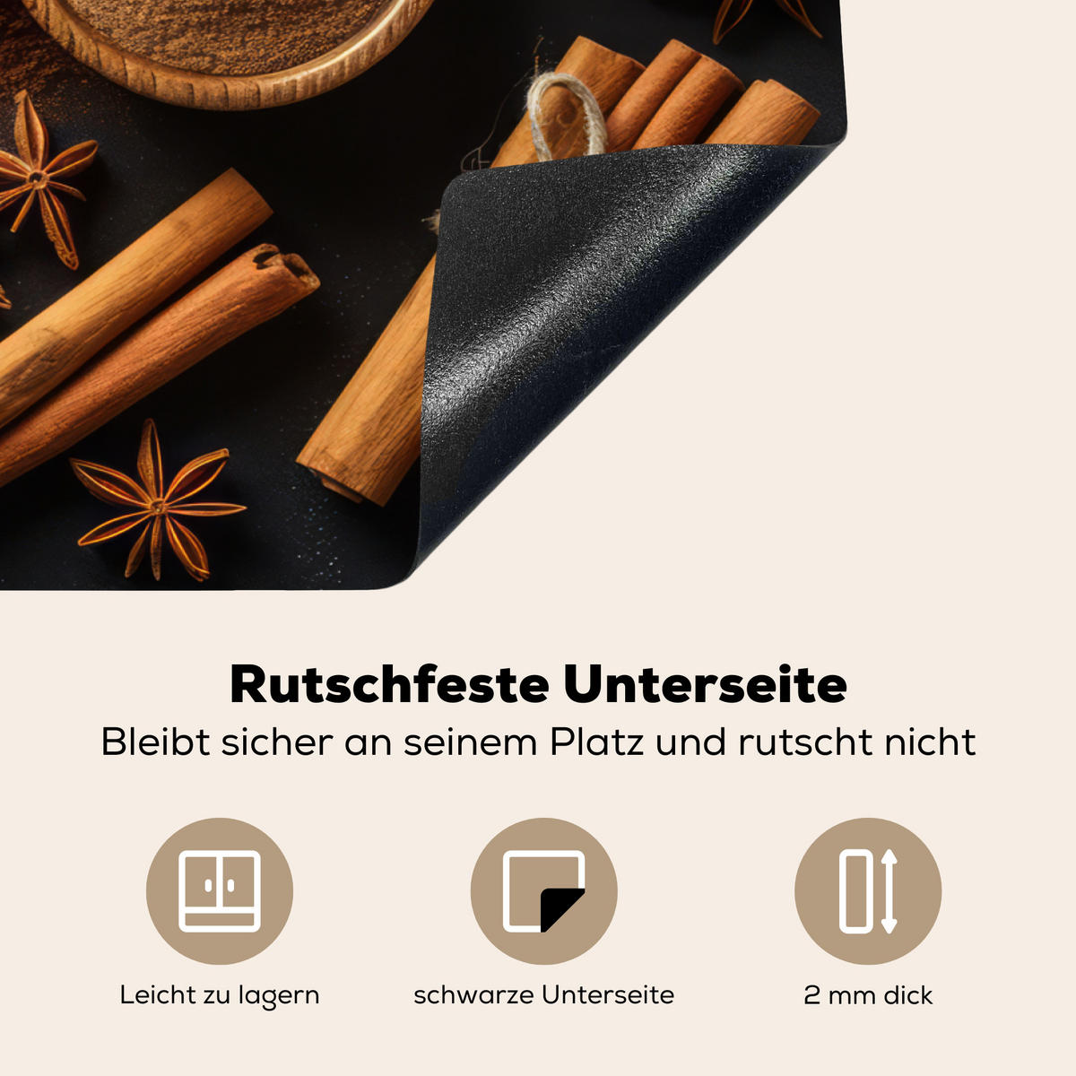 HERDABDECKPLATTE Zimt - Beton - Kaffee - Zimtstangen - Gewürze Herdabdeckung Induktionsfeld 75x52 cm - Mokka, Kunststoff (75/52/0.2cm) - MuchoWow