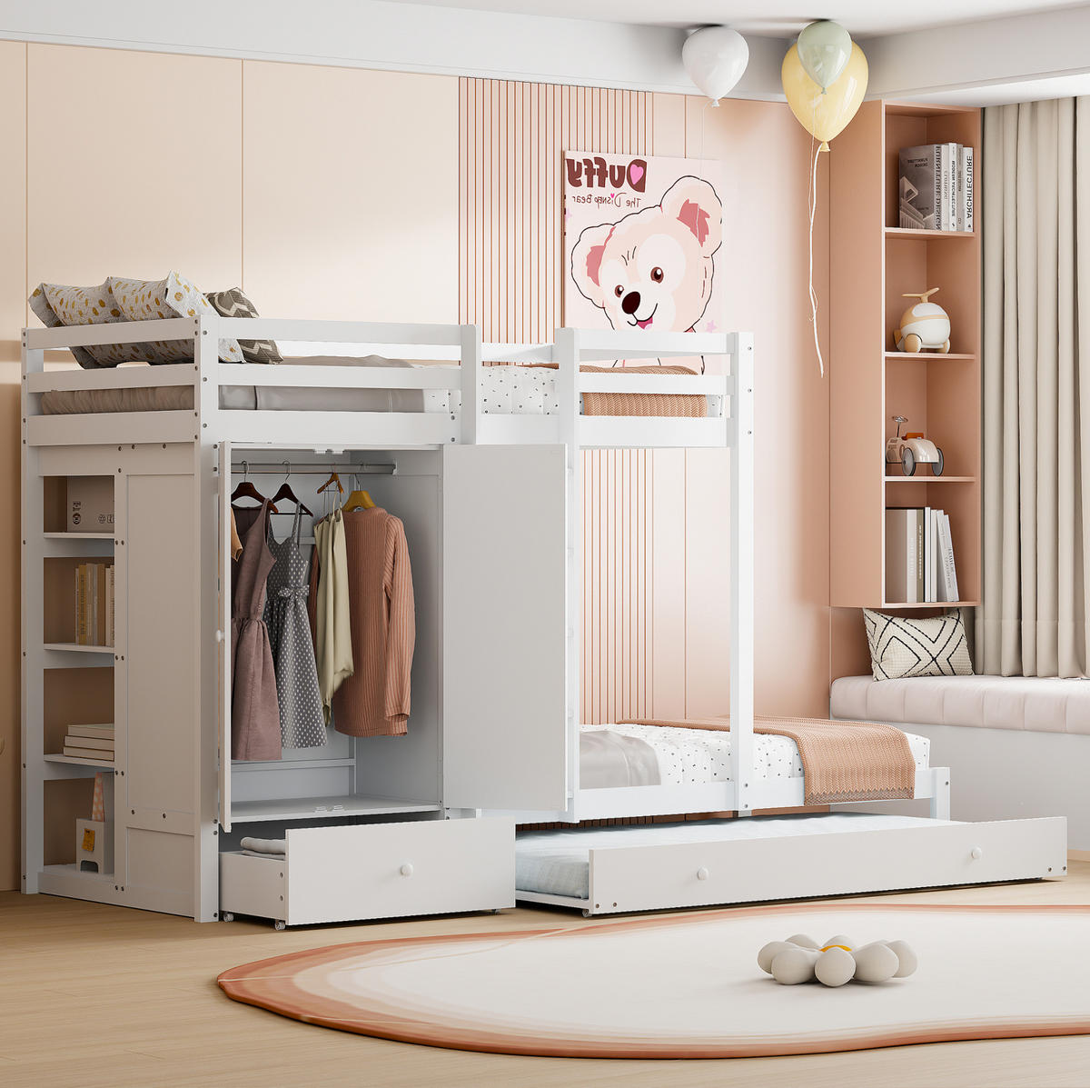 ETAGENBETT 90/200 cm aus Holz mit Ausziehbett und Kleiderschrank - Weiß, Holz (90/200cm) - BEAOK