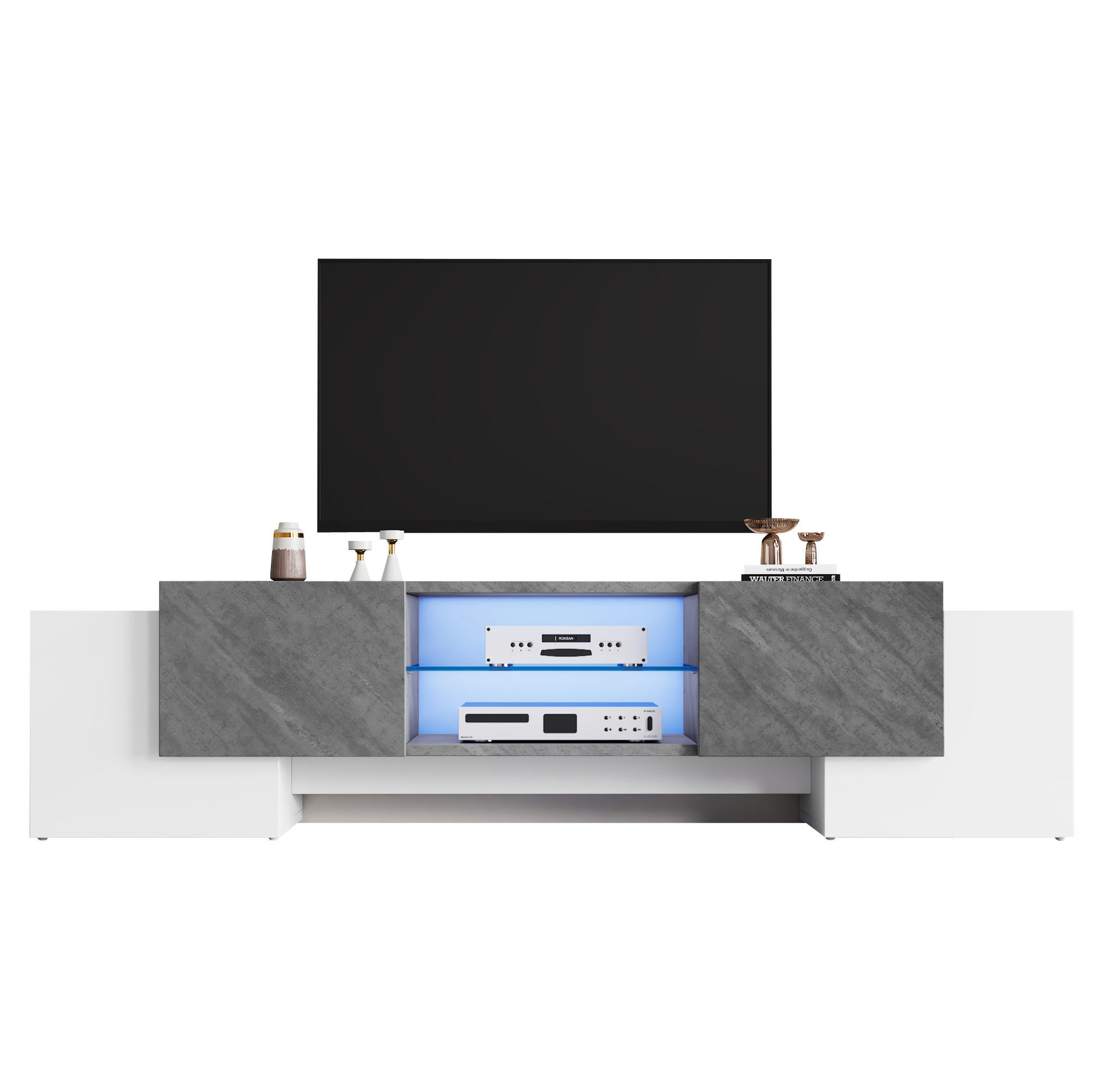 Modfu TV stolek z MDF 180x40x46,5 cm bílá/šedá s LED osvětlením, úložným prostorem a nastavitelnou skleněnou policí