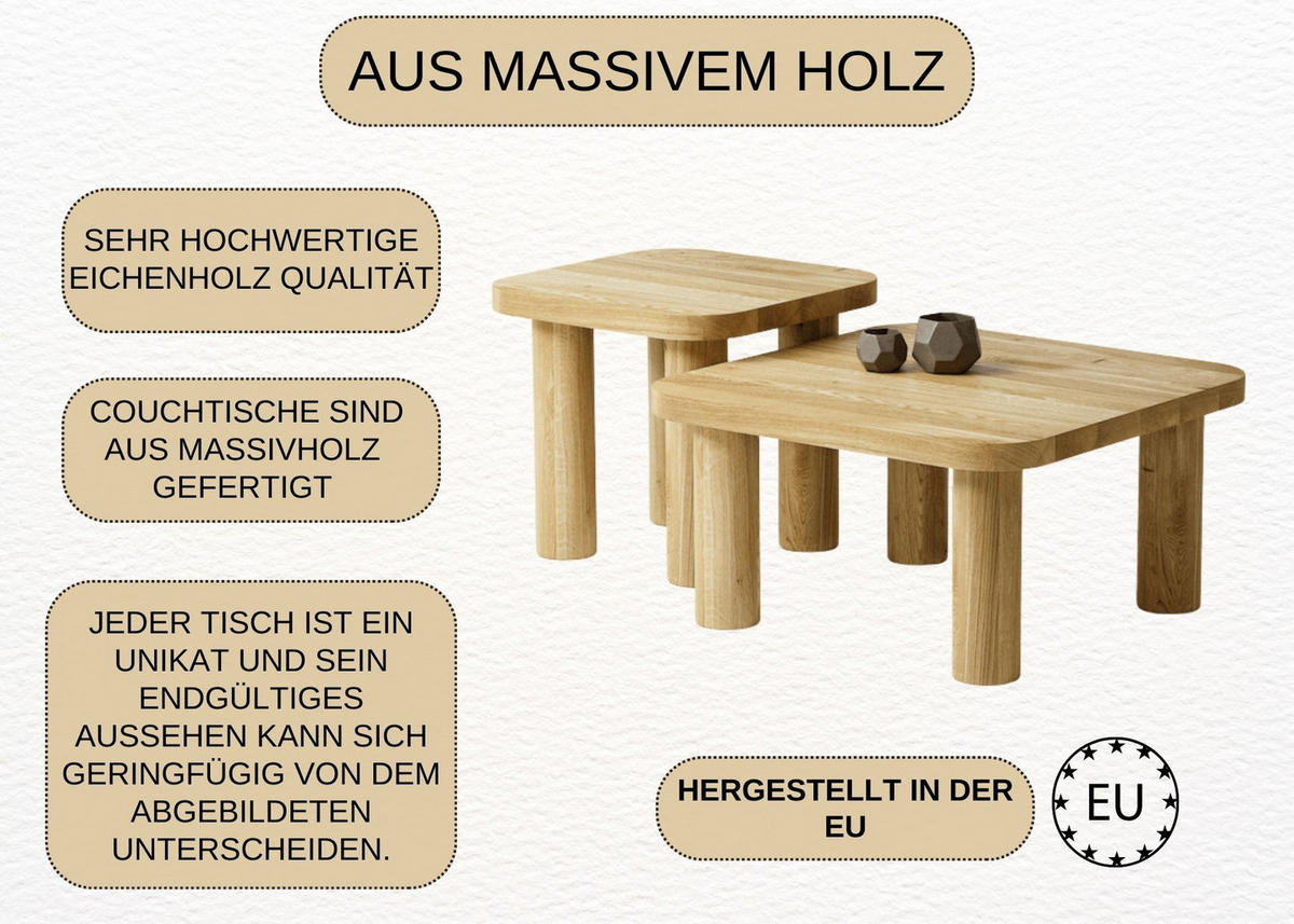 COUCHTISCH SET Eichenholz vollmassiv quadratisch Naturbelassenen 70/70/37 - Naturfarben, Holz (70/70/37cm)
