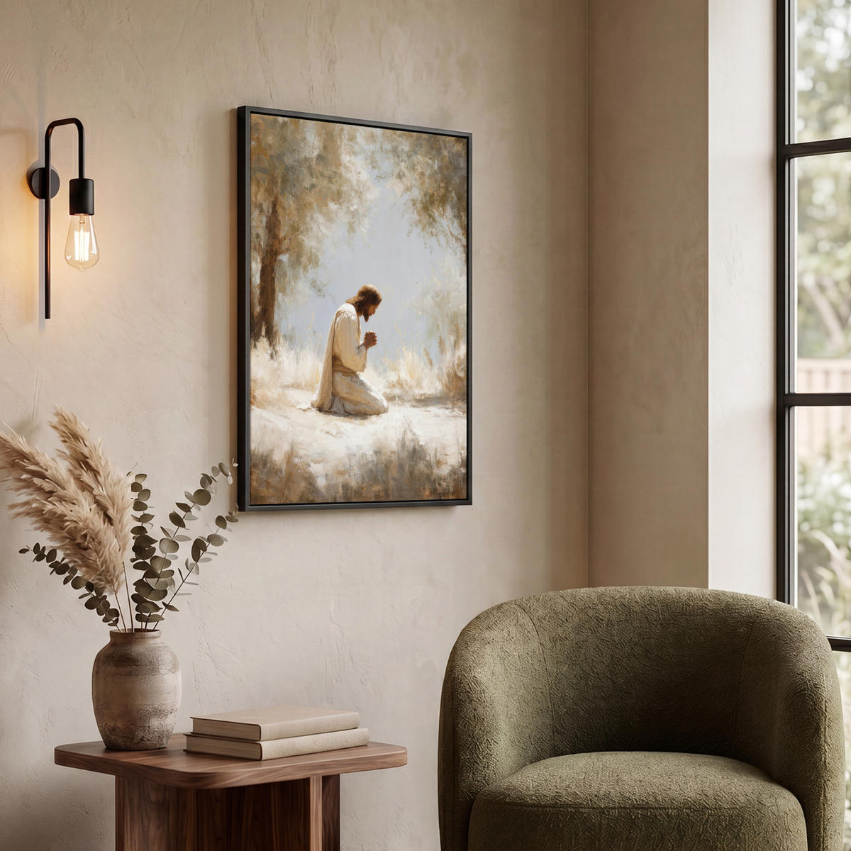 LEINWAND Bilder mit Rahmen - Jesus - Kniend - Waldlandschaft - Betend - 50x70 - Beige, Textil (50/70cm) - MuchoWow