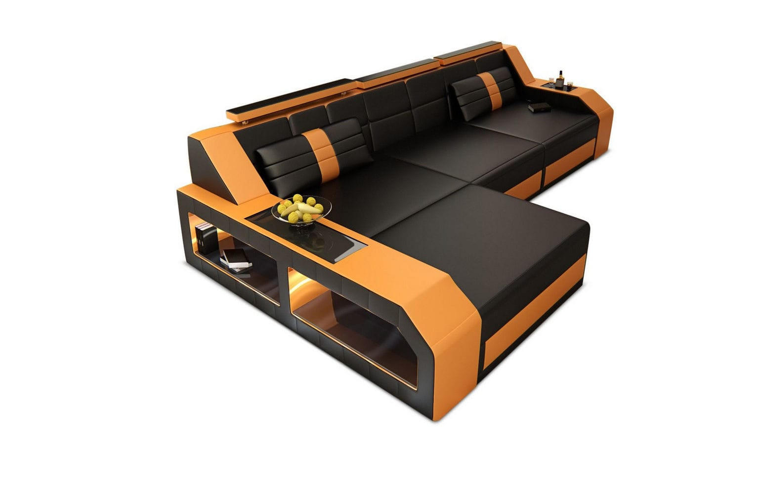 COUCH Arezzo L Schwarz Orange Kunstleder - Schwarz, Textil (308/194cm)