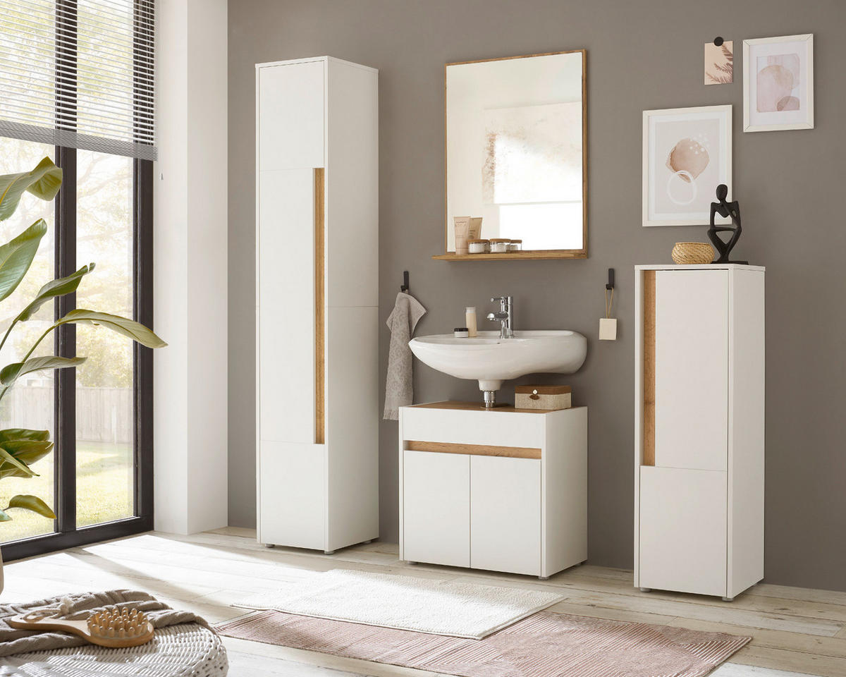 BAD-MIDISCHRANK weiß, Wotan Eiche, Badmöbel Kommode 34 x 114 cm - Silberfarben/Eiche Wotan, Holz/Holzwerkstoff (34/114/34cm) - Furn.Design