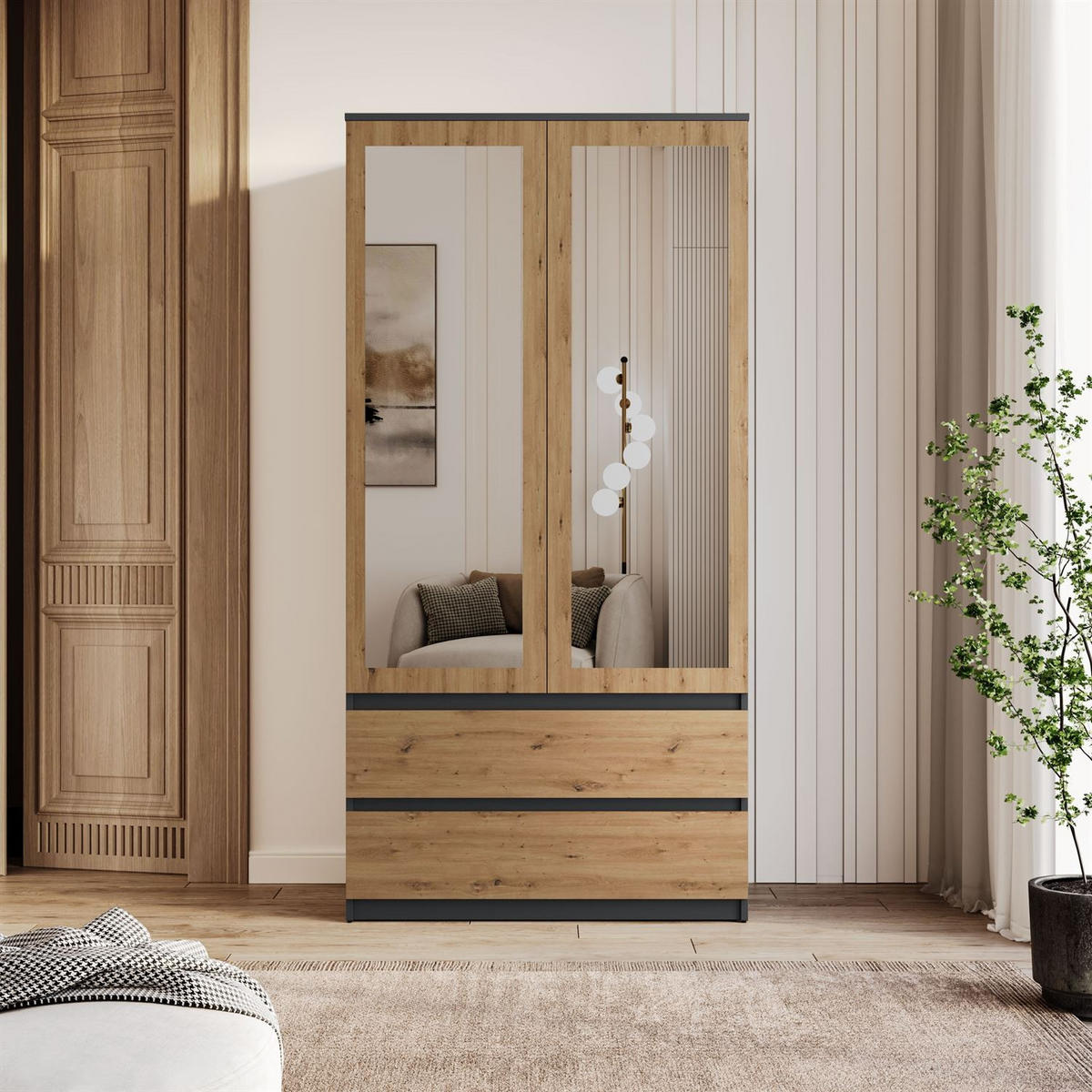 SCHRANK HANA SS-90 mit Spiegel Artisan Eiche / Anthrazit - Eiche Artisan, Holzwerkstoff (90/180/50cm) - Lookway