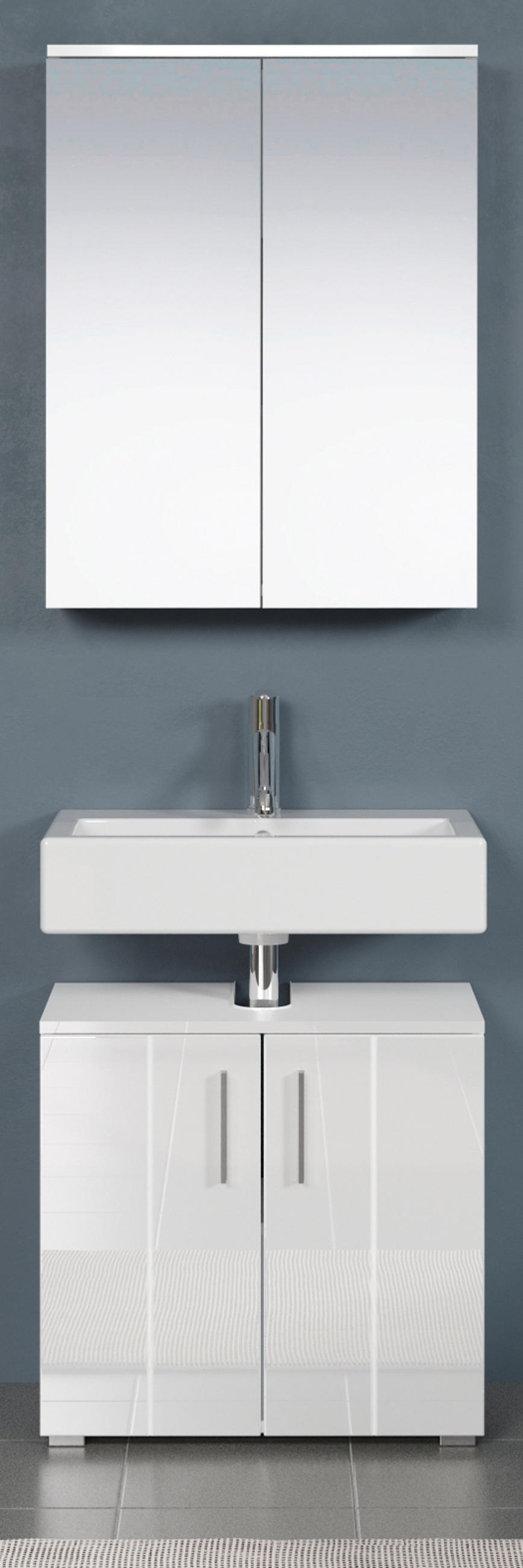 BADMÖBEL-SET weiß Hochglanz 112 x 192 cm 2-teilig, Badezimmer Schränke in modernem Design - Weiß Hochglanz/Silberfarben, Holzwerkstoff/Kunststoff (60/192/32cm) - Top.Furn
