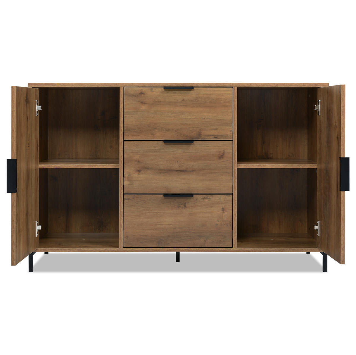 KOMMODE aus Spanplatte 120x40x76 cm Dunkle Eiche mit 2 Türen, 3 Schubladen und höhenverstellbarem Einlegeboden - Nussbaumfarben, Holzwerkstoff (120/76/40cm) - Modfu