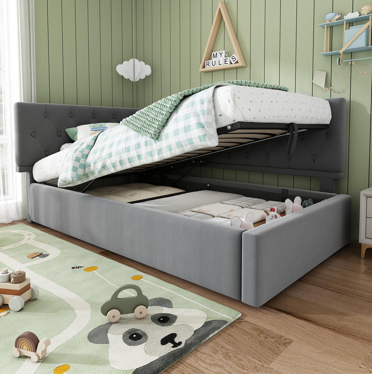 POLSTERBETT aus Samt 90x190 cm Grau mit hydraulischem Bettkasten und Lattenrost - Grau, Textil (90/190cm) - IVMEU
