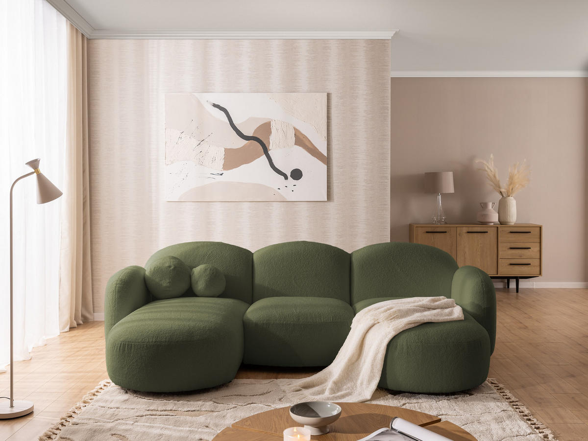WOHNLANDSCHAFT Nuvola mit abgerundetem Design Grün Bouclé-Stoff - Schwarz/Grün, Holz/Kunststoff (268/80/146cm) - S-Style Möbel