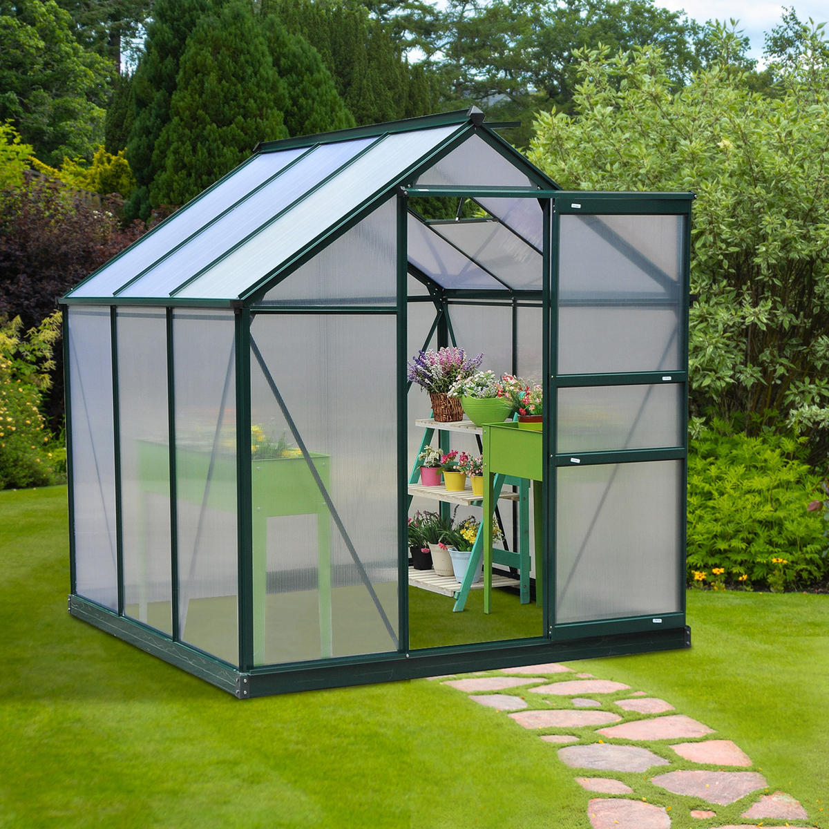 GEWÄCHSHAUS DE-11893 Polycarbonat mit Dachluke & Regenrinne Dunkelgrün - Grün, Metall (192/201/190cm) - ComfortXL
