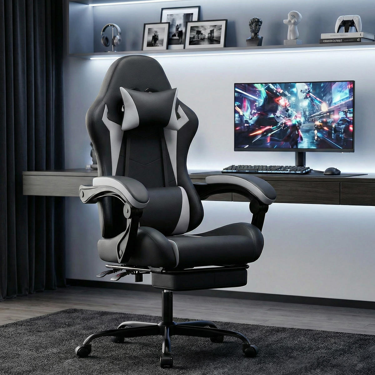 GAMINGSTUHL Schwarz-Weiß 58,5/63/120,5 cm - Schwarz, Metall (58.5/120.5/63cm) - PANGIVO