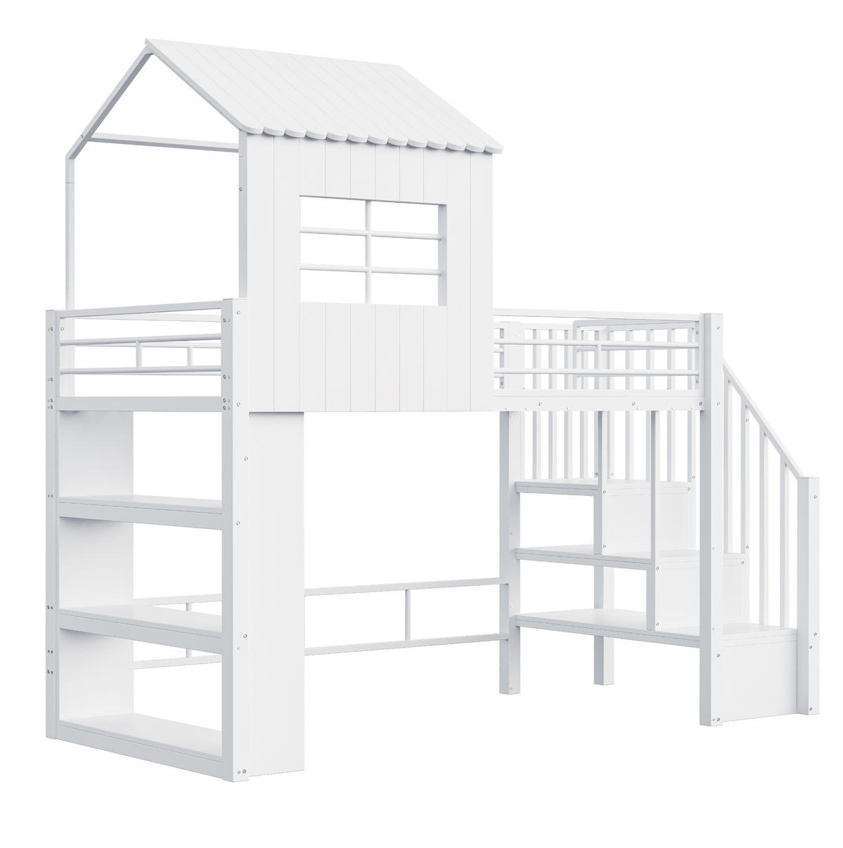 HOCHBETT aus Metall und MDF 90x200 cm Weiß mit Stauraumtreppe und Regal - Weiß, Holzwerkstoff (90/200cm) - IVMEU