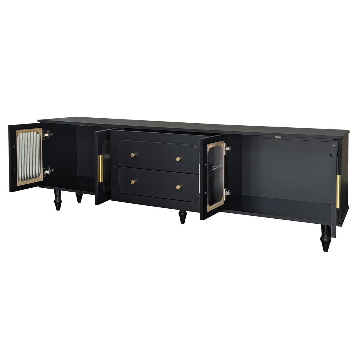 TV-LOWBOARD aus Holzwerkstoff 177x38x55,5 cm Schwarz mit geriffeltem Glas, Push-to-Open und goldfarbenen Griffen - Schwarz, Holzwerkstoff (175/55.5/38cm) - Modfu