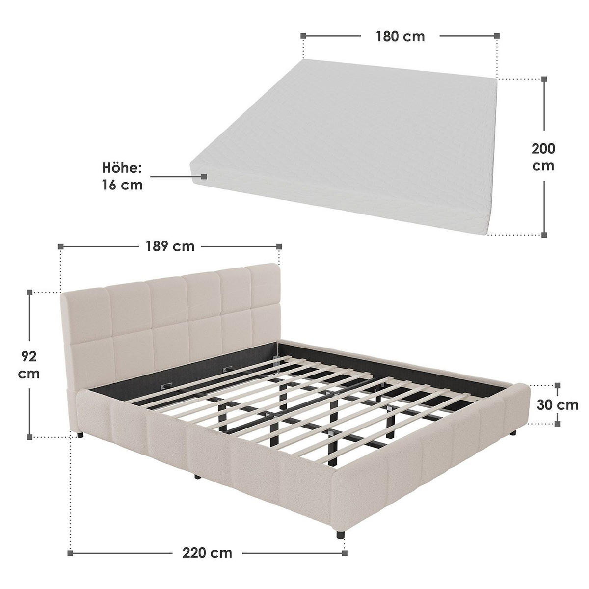 POLSTERBETT Florenz beige 180x200 cm mit Matratze - Beige, Holz (180/200cm) - Juskys