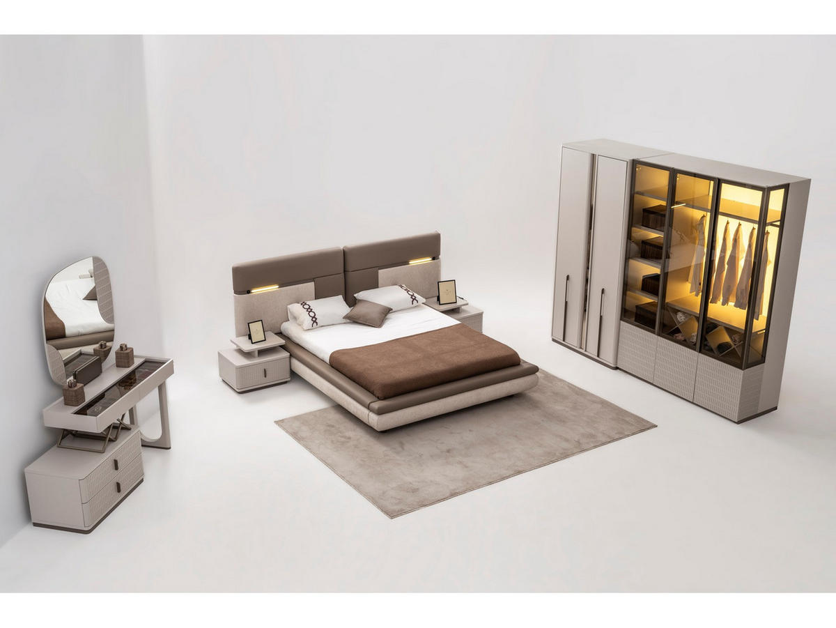 BETTANLAGE ROENESANS Schlafzimmer-Set, 5-teilig, Creme, Bett mit Kopfteil, 2 Nachttische, Kleiderschrank und Kommode - Creme, Holzwerkstoff (160/200cm)