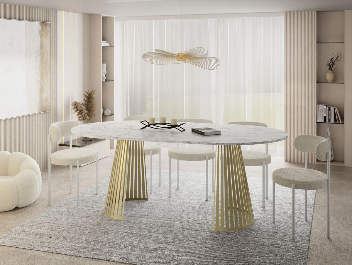 ESSTISCH Naro rund ausziehbar mit Goldenem Lamellen-Metallgestell, Marmor Weiß 120-200/120/76 cm - Ecru/Goldfarben, Holzwerkstoff/Metall (120/120/76cm) - WFL GROUP