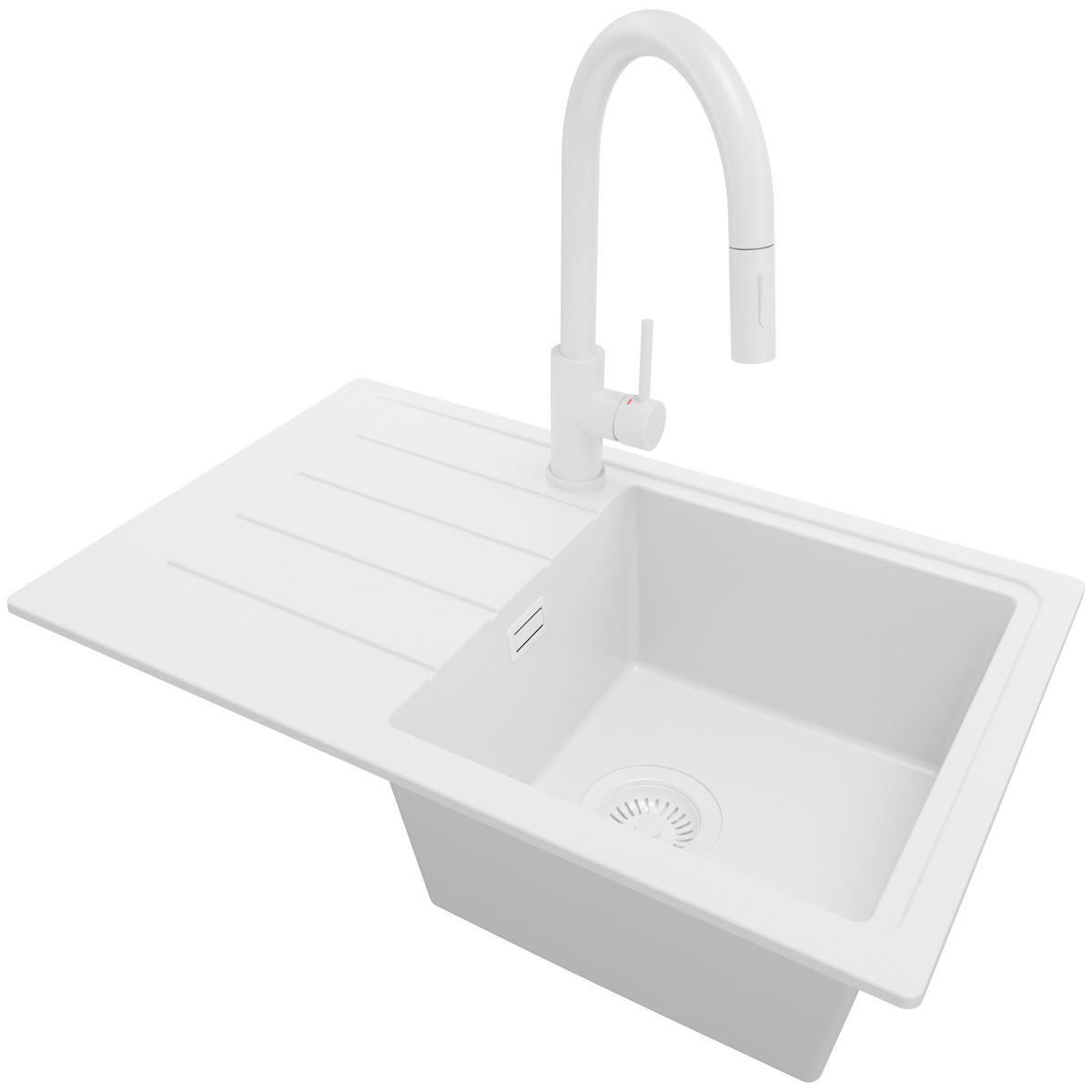 GRANITSPÜLE Kopenhagen Easy, 2-er set Alles Weiß 70/44 cm 1 Becken + Küchenarmatur 40/20 cm + Ablauf-Set ab 45er Unterschrank - Weiß, Kunststoff (70/20/44cm) - Primagran