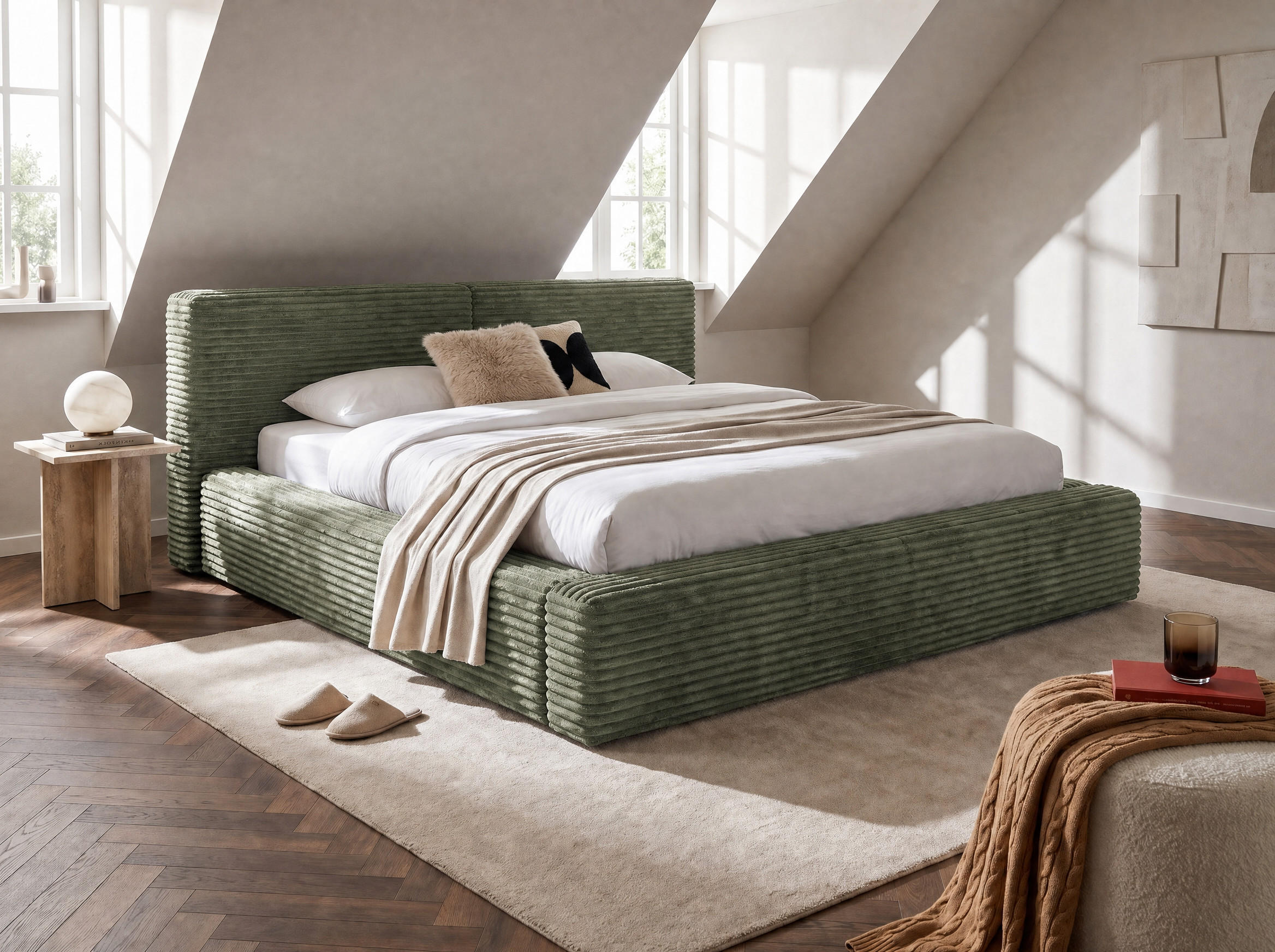 POLSTERBETT Nara Oliv 180/200 cm mit Bettkasten - Olivgrün, Textil/Metall (180/200cm) - wonello