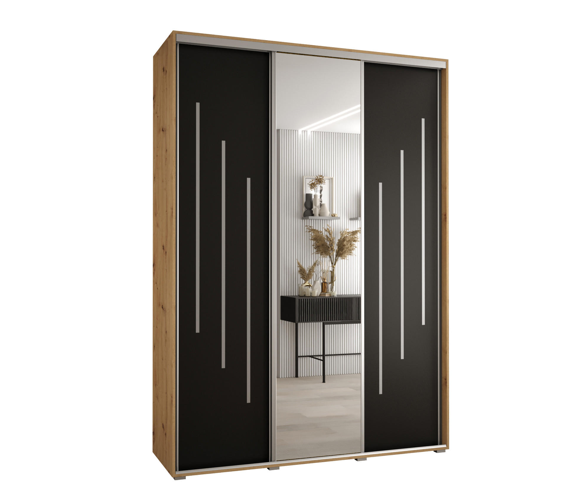 Abiks Möbel Schwebetürenschrank Eiche Artisan, Schwarz, Silber 180x235x60 cm