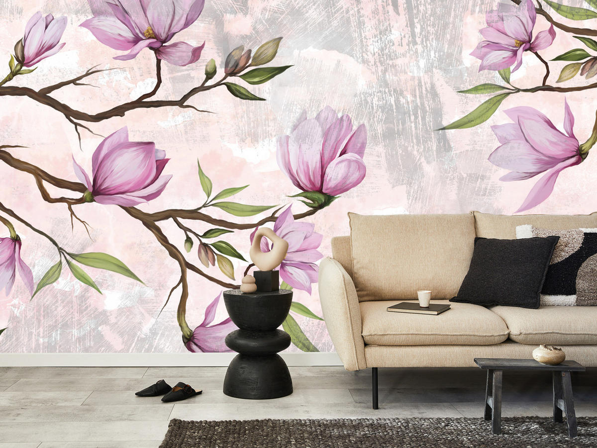 FOTOTAPETE für Schlafzimmer Rosa Magnolienblüten Botanisch 250x175 - Beige/Violett, Papier (250/175cm) - Muralo