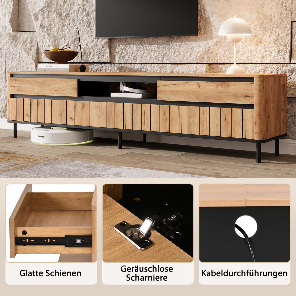 TV STOLEK s 2 zásuvkami a 2 výklopnými dvířky, přírodní, 180 cm - přírodní/černá, kompozitní dřevo (180/52/40cm) - Urban Meuble