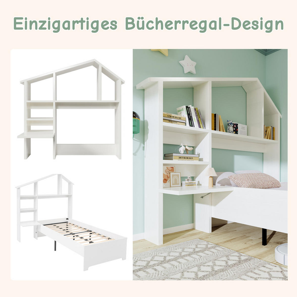 KINDERBETT 90x190cm Einzelbett mit Bücherregal Hydraulik USB-C Grau - Grau, Holz (90/190cm) - FLIEKS