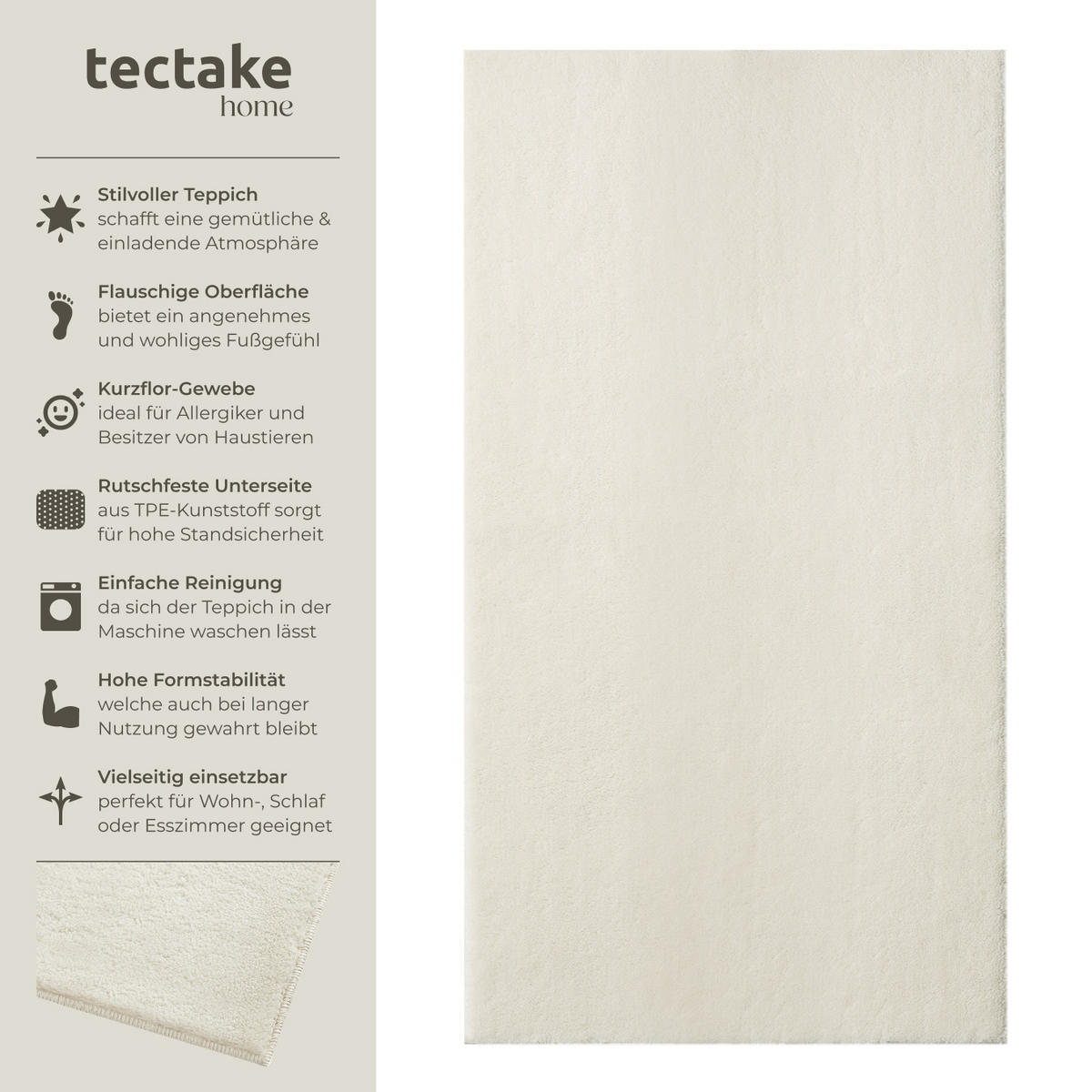 KURZFLORTEPPICH Soft Zone,rutschfeste Unterseite,creme - Creme, Kunststoff (150/80cm) - tectake