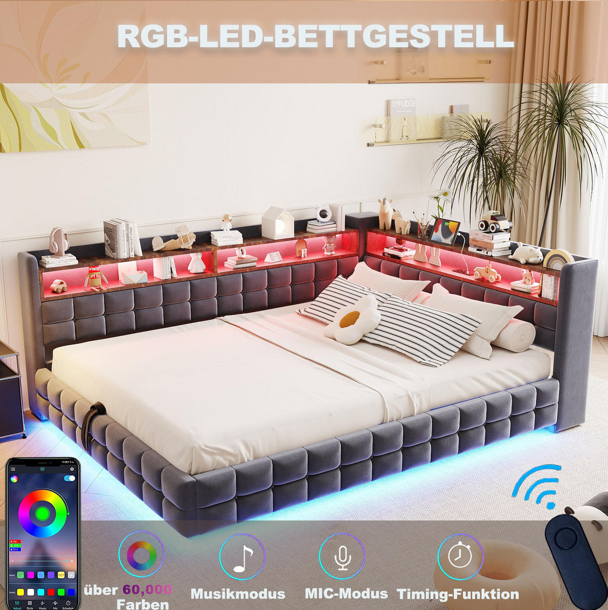 SAMETOVÁ postel 140/200 cm s LED osvětlením, USB, USB-C, zásuvkou, hydraulickým úložným prostorem a policemi, šedá - šedá, textil (140/200cm) - Redom