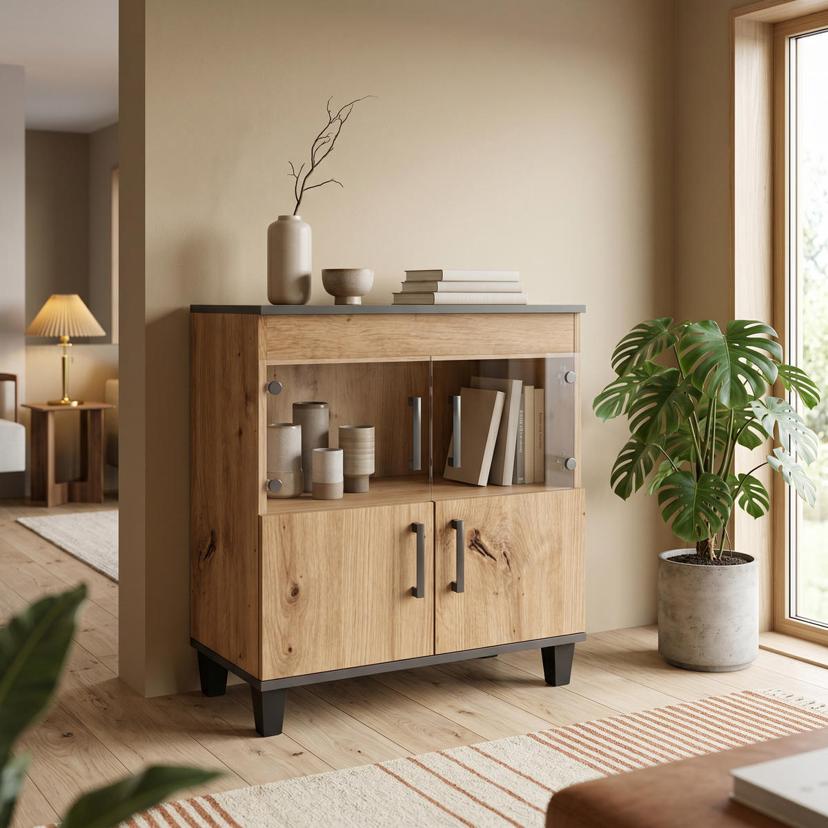 KOMMODE CORTEZA 80/90/40cm mit 4 Türen Eiche Artisan - Eiche Artisan, Holzwerkstoff (80/90/40cm) - MASSENO