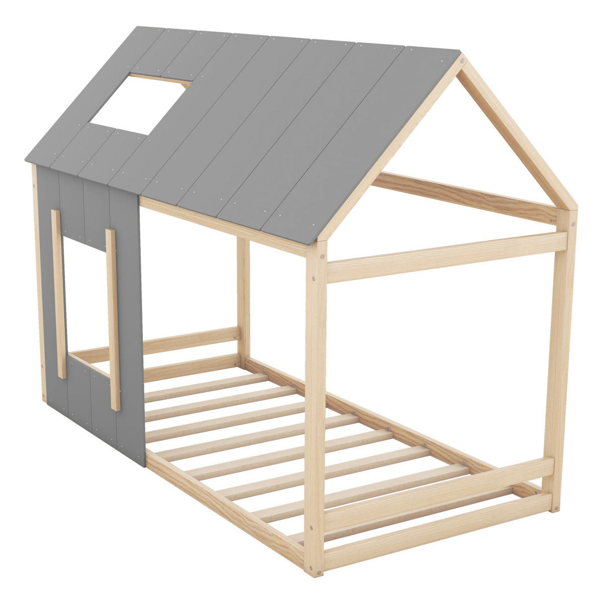 KINDERBETT aus Kiefernholz und MDF 90x200 cm Natur/Grau in Hausform mit Dach und Fenster - Grau, Holzwerkstoff (90/200cm) - IVMEU